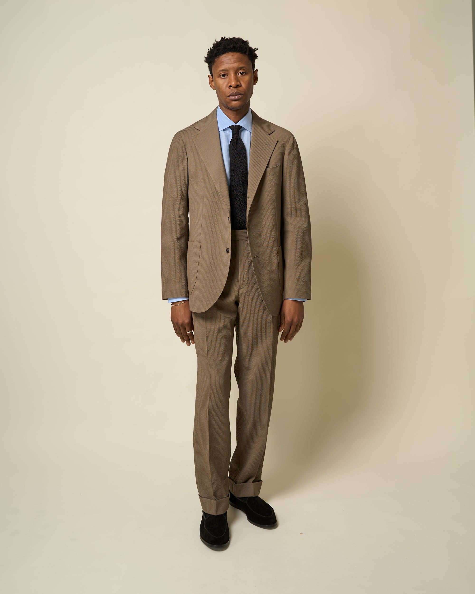 Relaxed Pleated Trouser - Mushroom Seersucker Wool