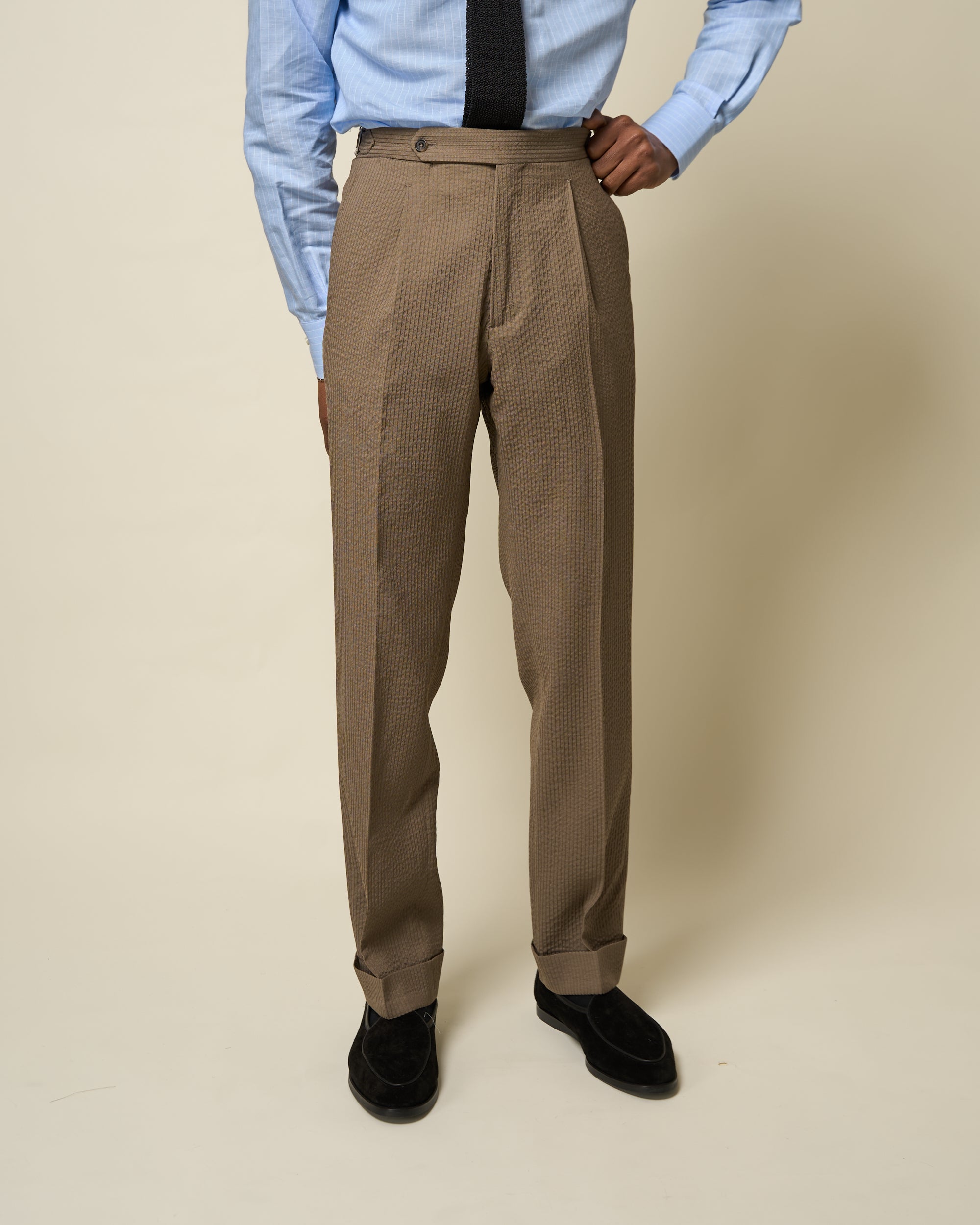 Classic Pleated Trouser - Mushroom Seersucker Wool
