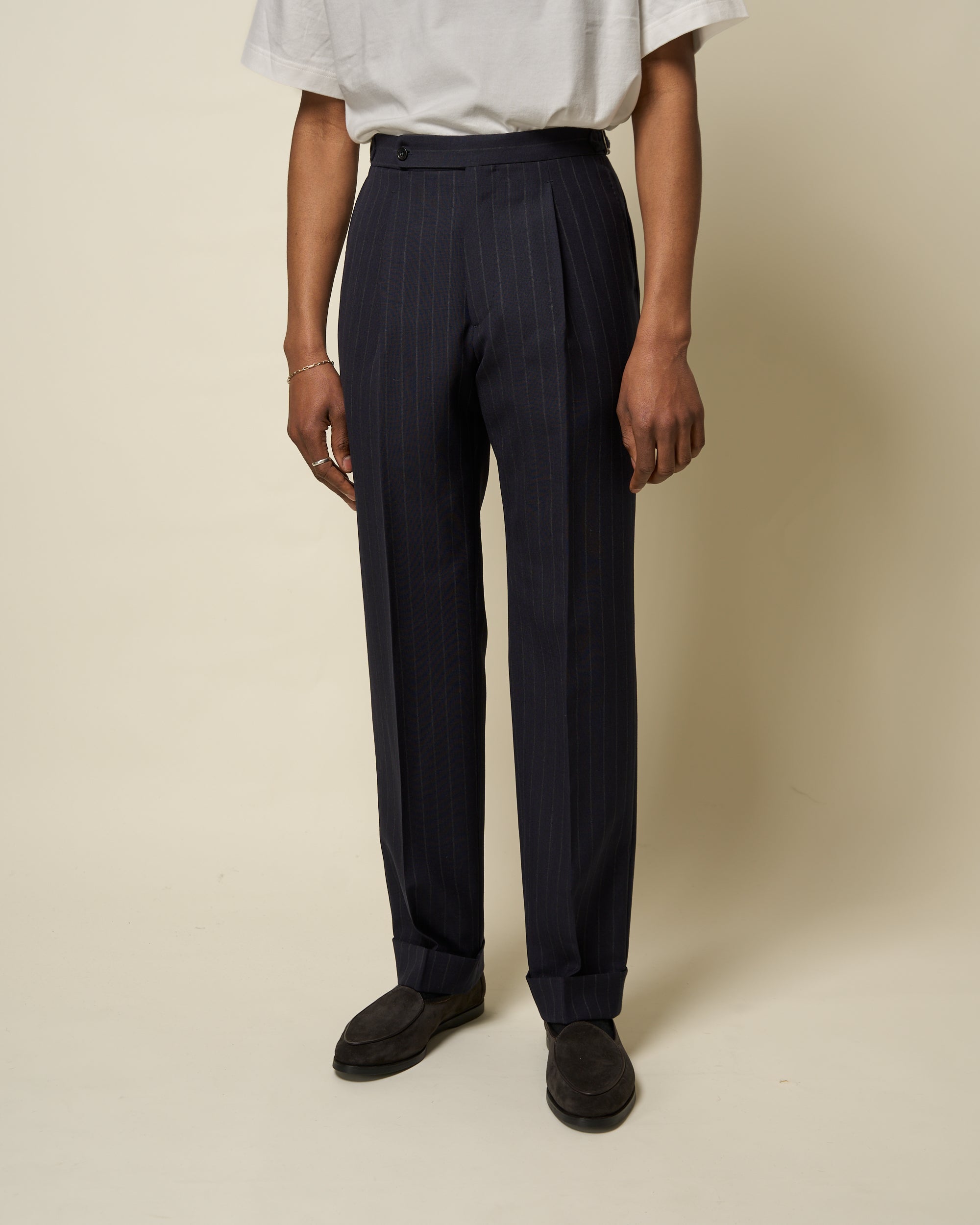 Relaxed Pleated Trouser -  Navy Chalk Stripe Tropical Wool