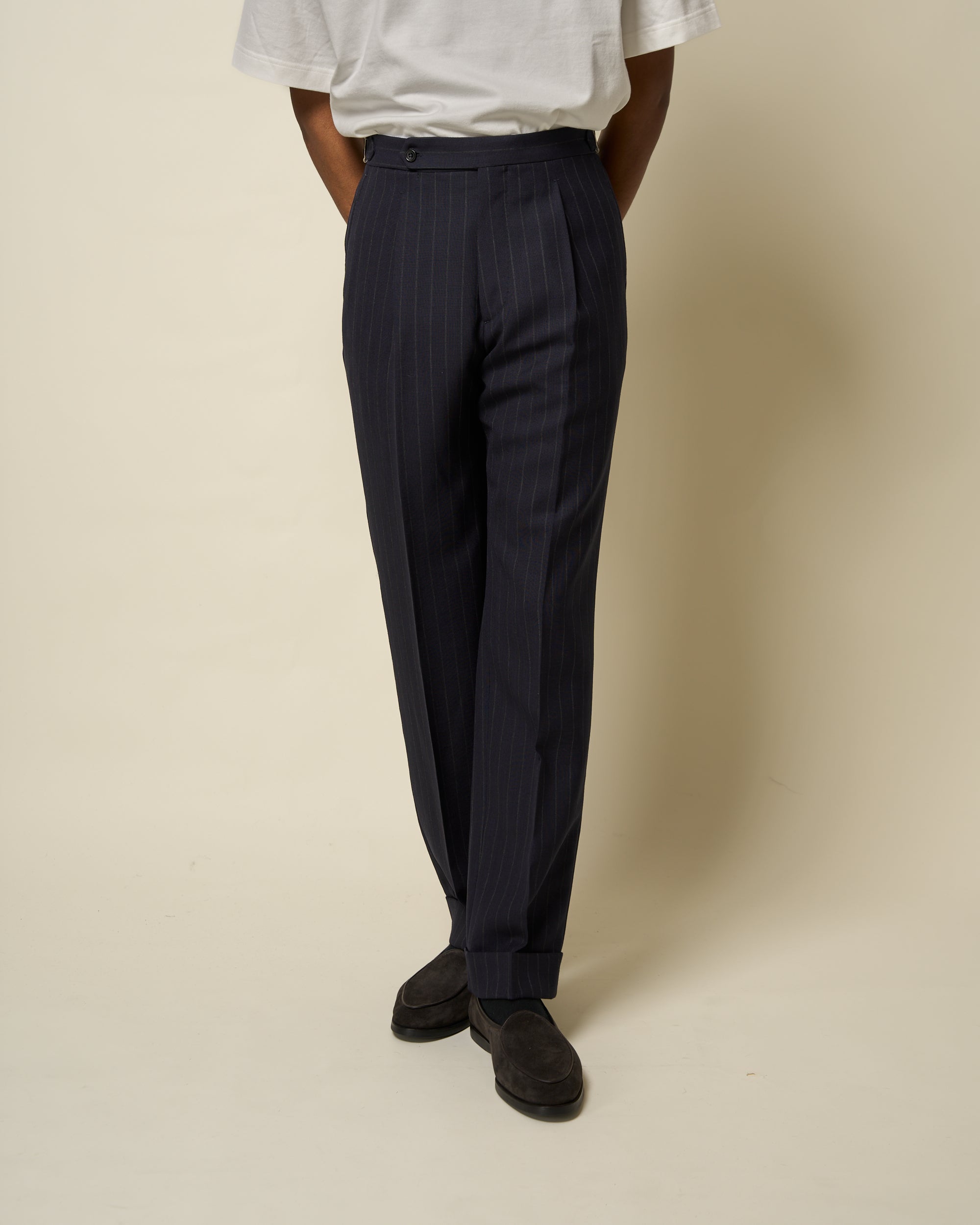 Relaxed Pleated Trouser -  Navy Chalk Stripe Tropical Wool