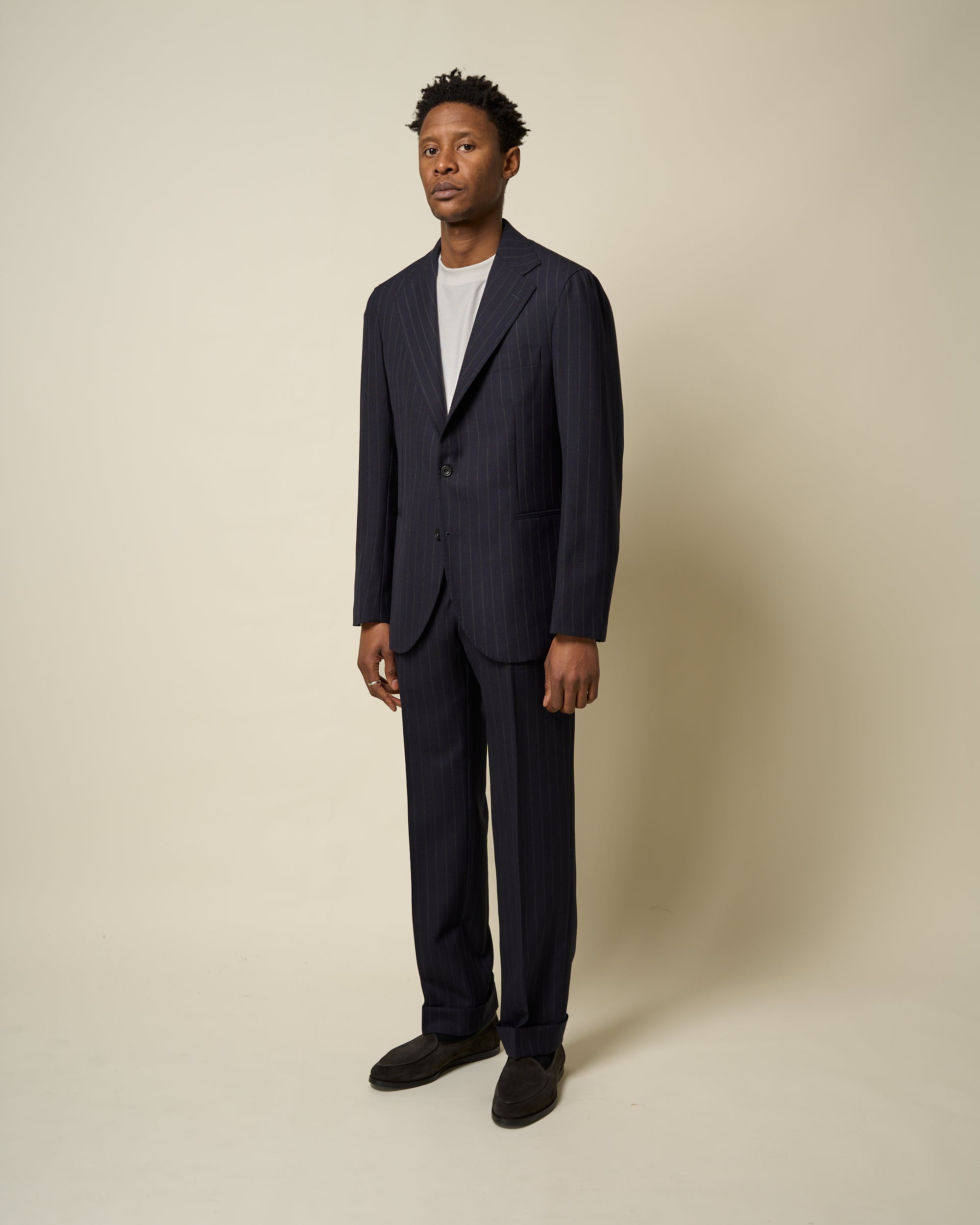 Relaxed Pleated Trouser -  Navy Chalk Stripe Tropical Wool