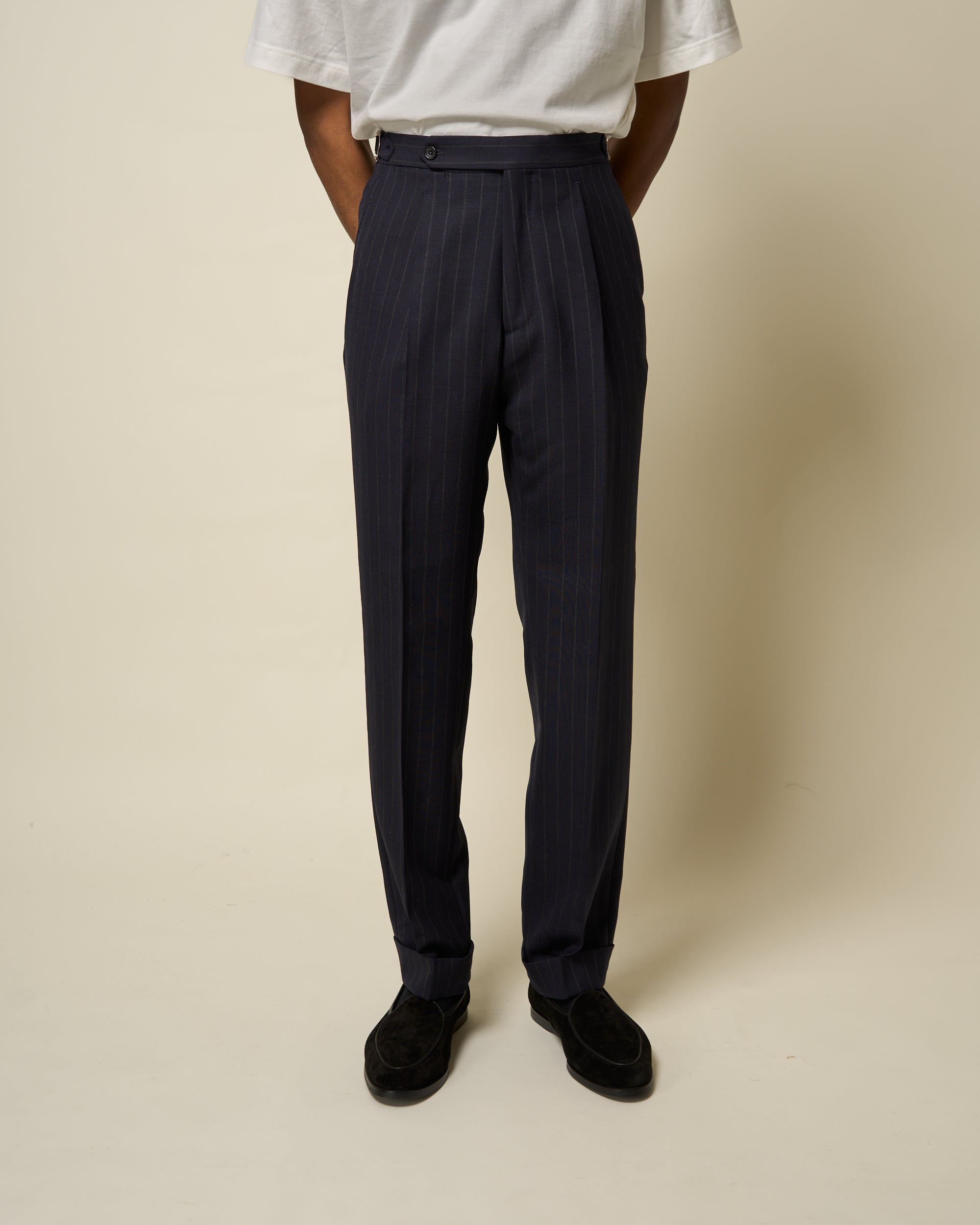 Classic Pleated Trouser - Navy Chalk Stripe Tropical Wool