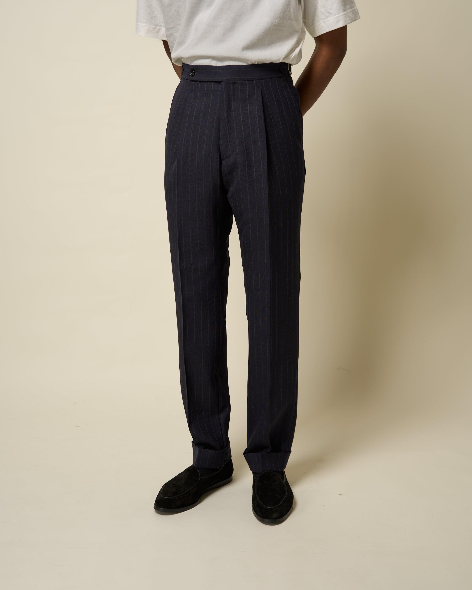 Classic Pleated Trouser - Navy Chalk Stripe Tropical Wool