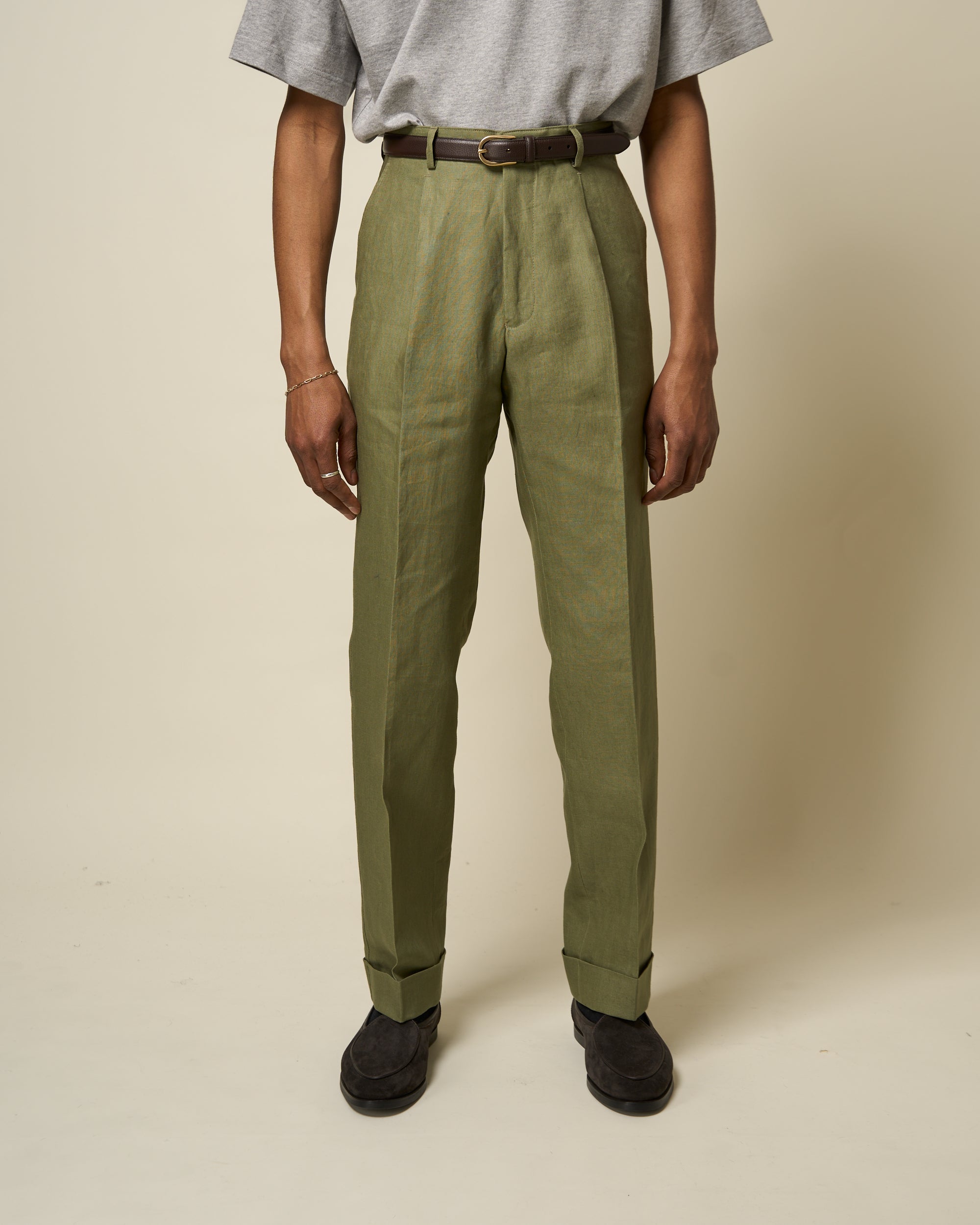 Casual Relaxed Pleated Trouser - Sage Green Linen