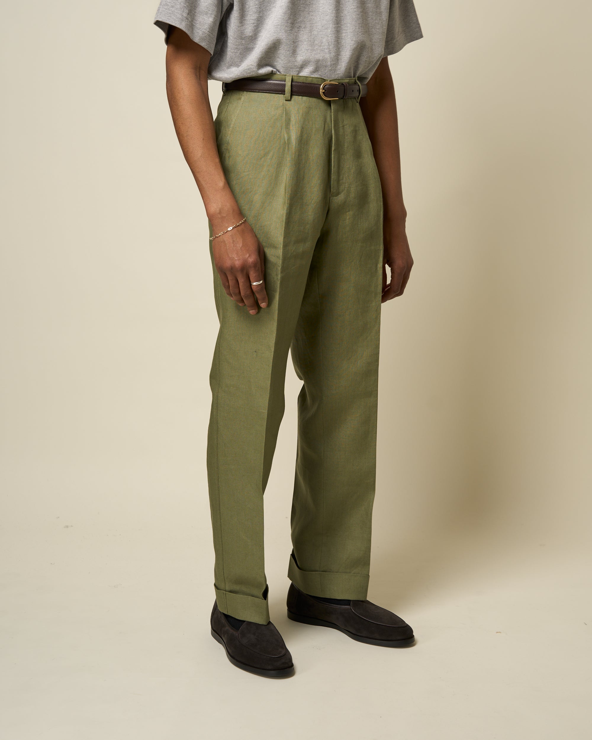 Casual Relaxed Pleated Trouser - Sage Green Linen