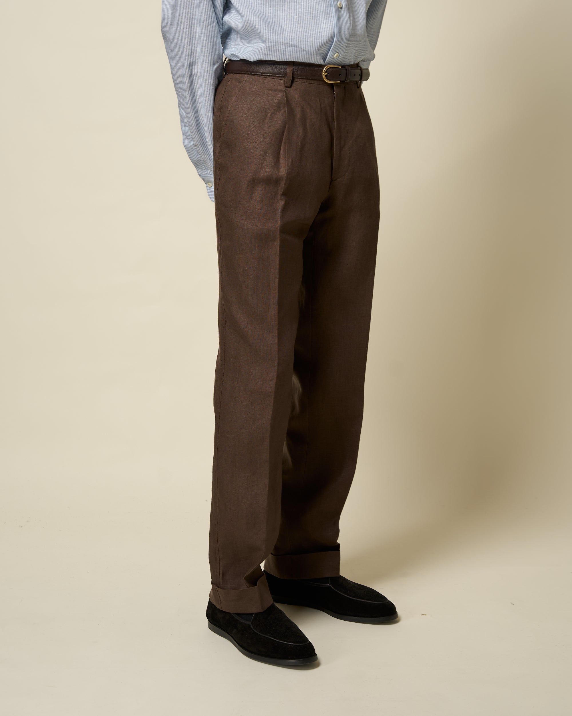 Casual Relaxed Pleated Trouser - Dark Brown Linen