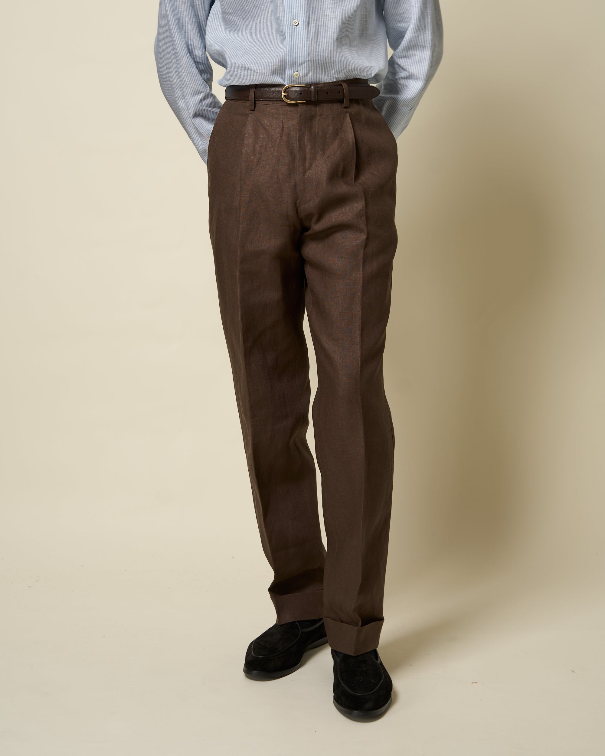 Casual Relaxed Pleated Trouser - Dark Brown Linen