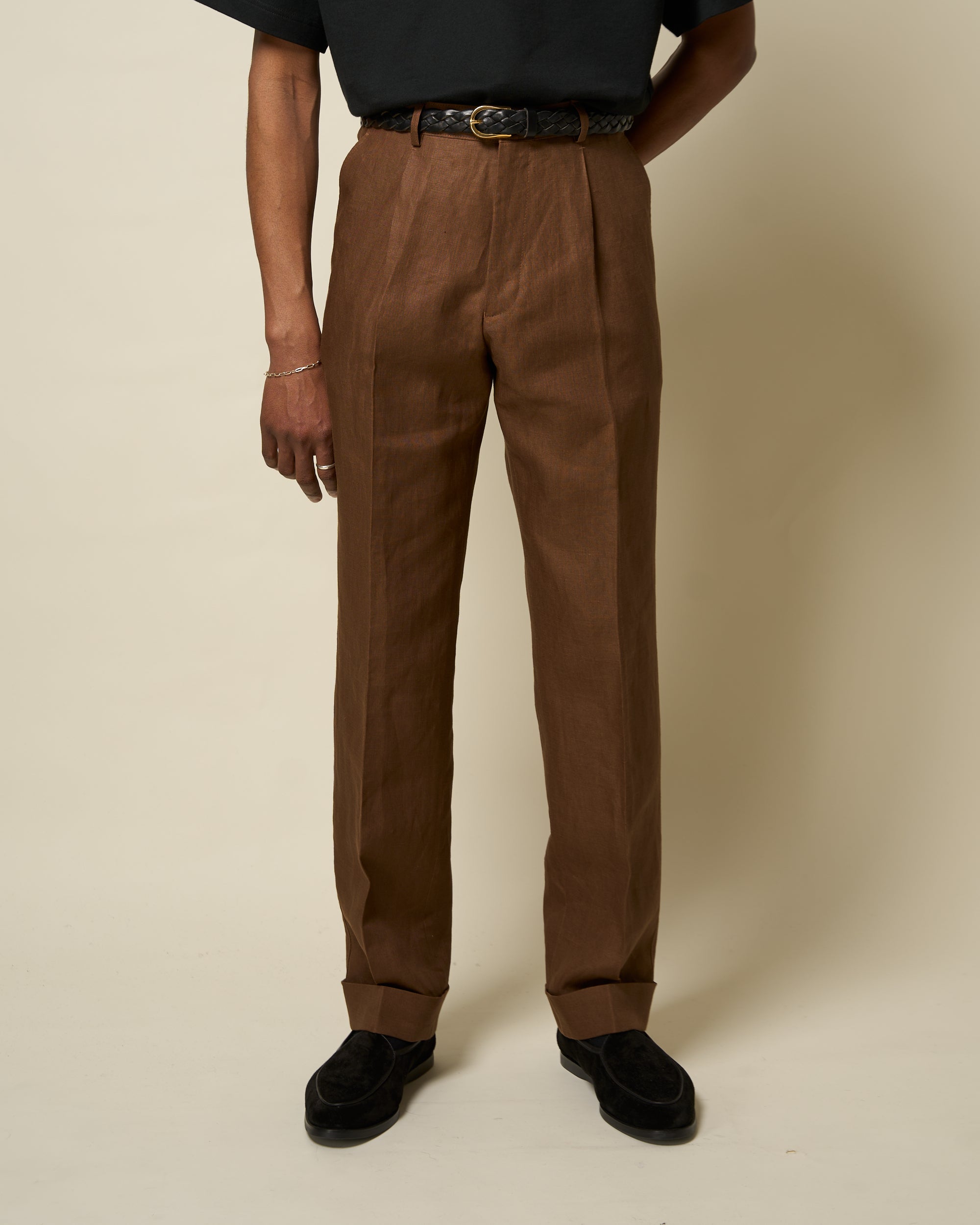 Casual Relaxed Pleated Trouser - Tobacco Brown Linen