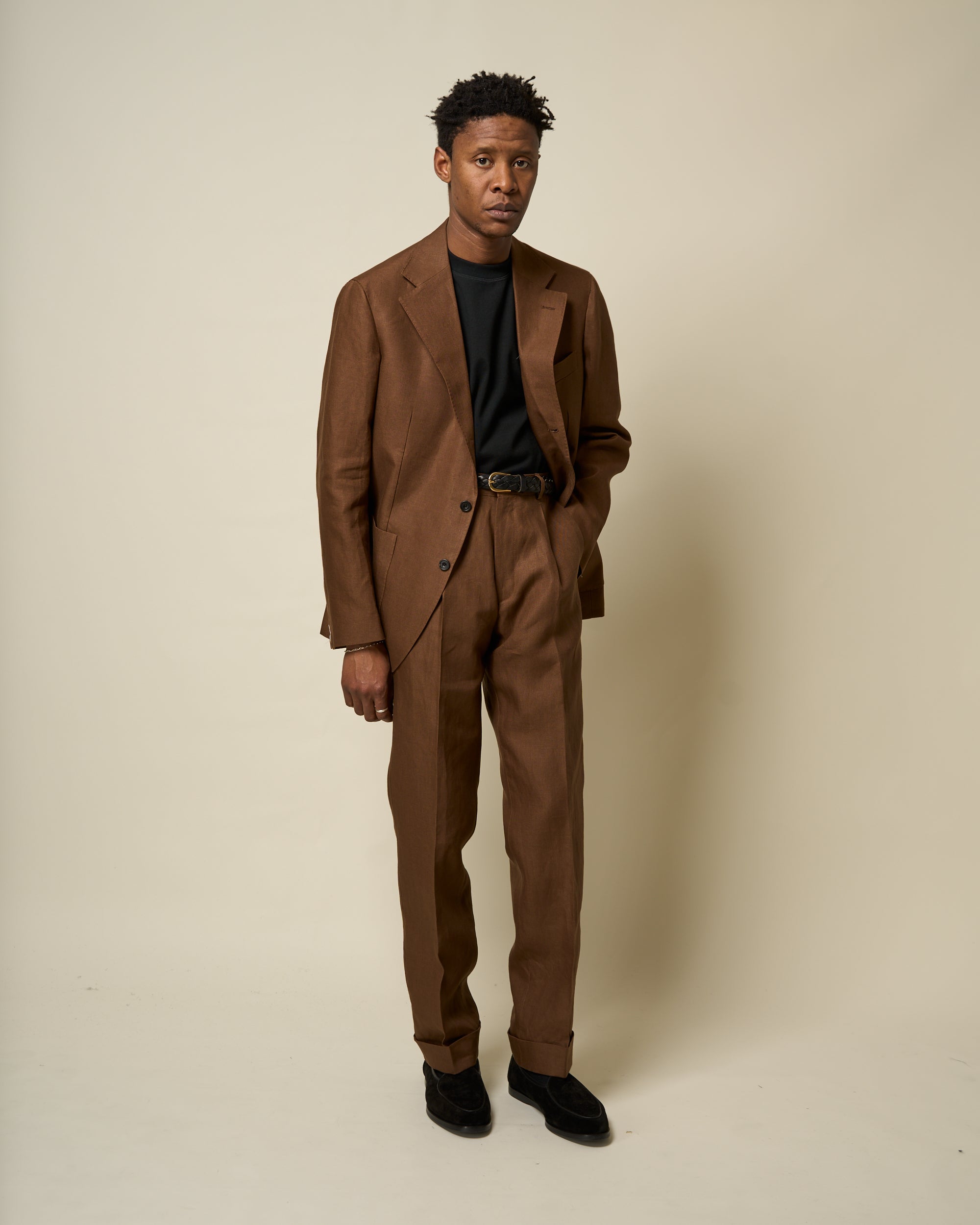 Casual Relaxed Pleated Trouser - Tobacco Brown Linen