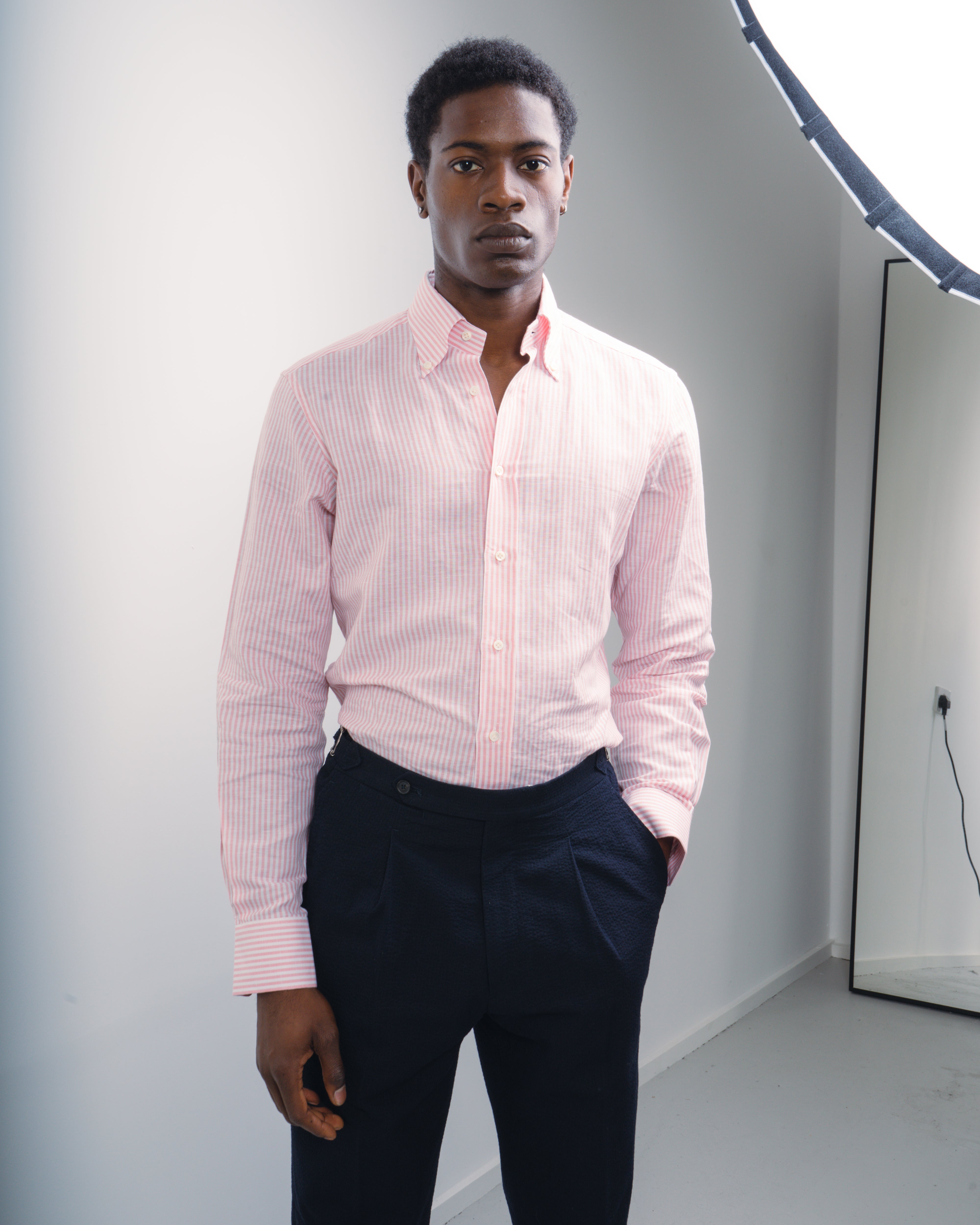 Button Down Collar Shirt - Pink Stripe Cotton Linen