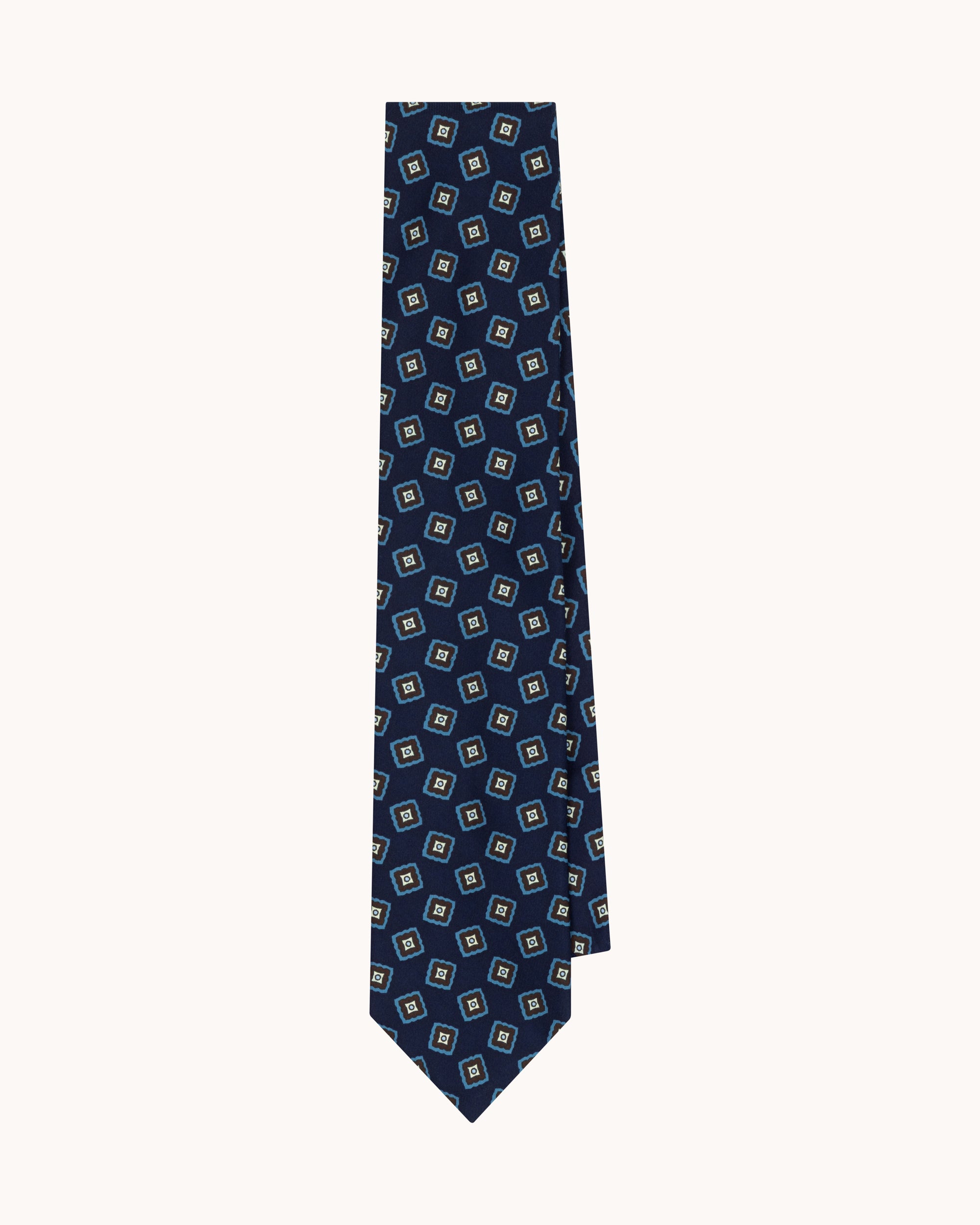 H.N. White - Madder Navy & Buff Tumbling Squares Silk Tie