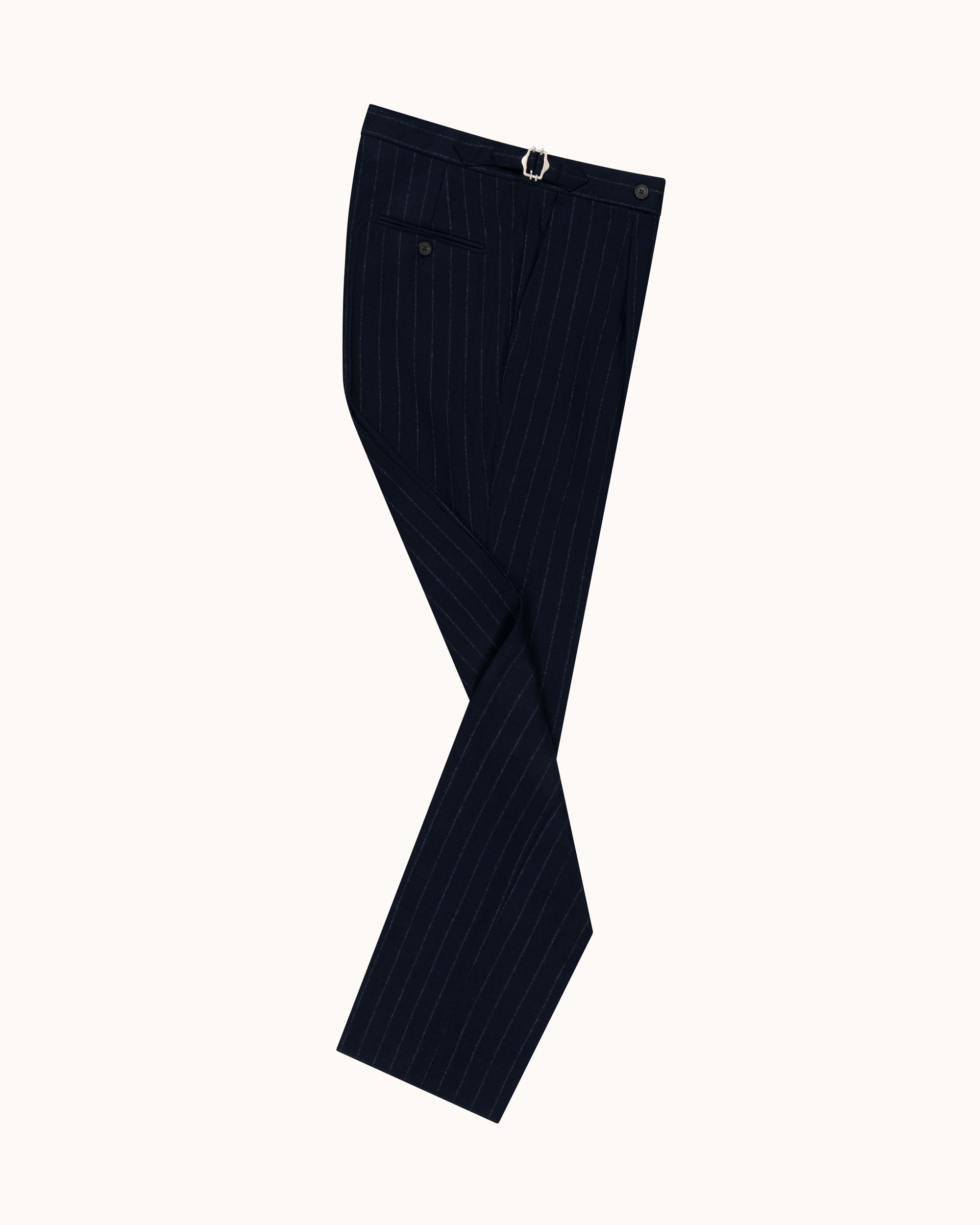 Single Pleat Trouser - Navy Chalk Stripe Woollen Flannel