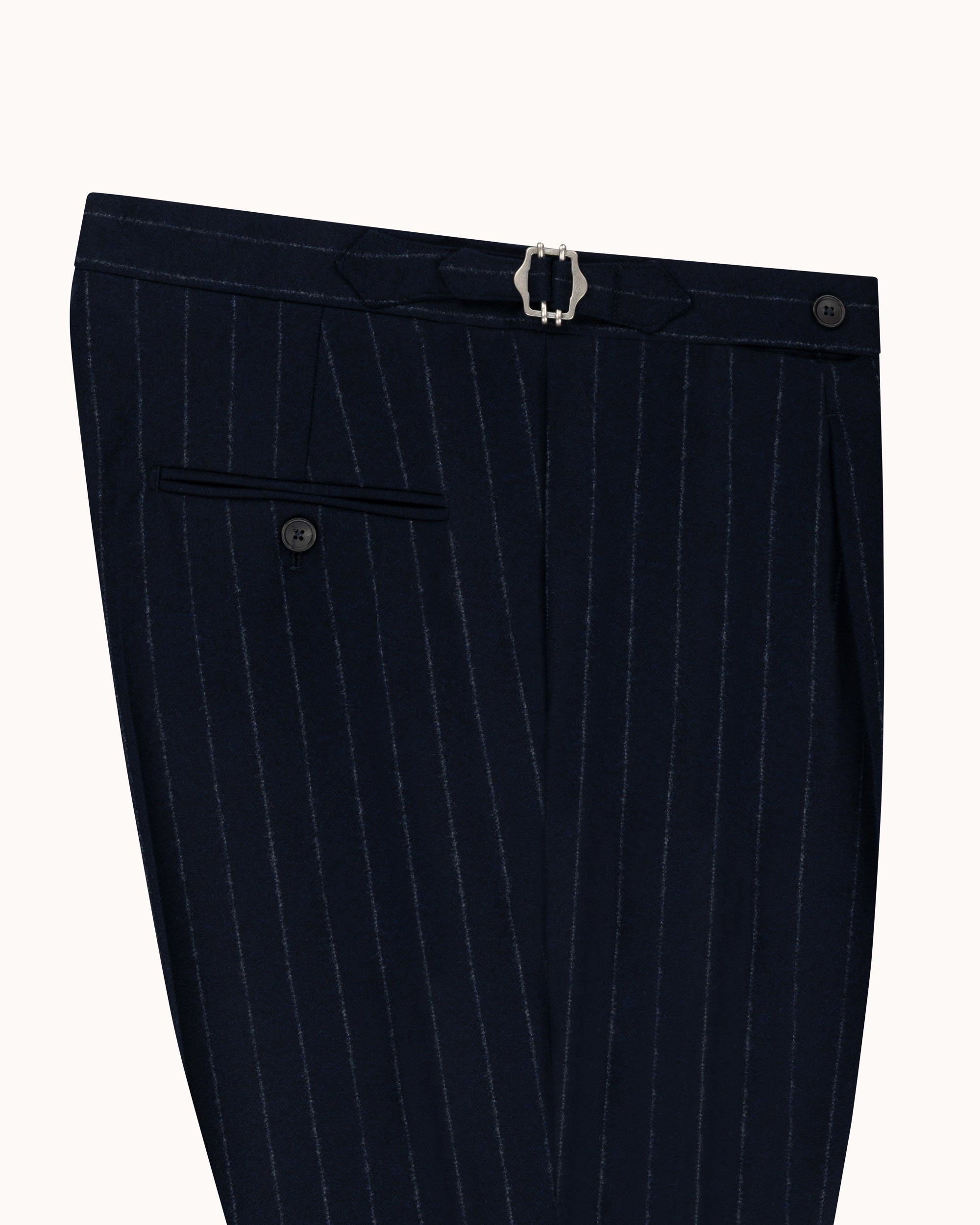 Single Pleat Trouser - Navy Chalk Stripe Woollen Flannel