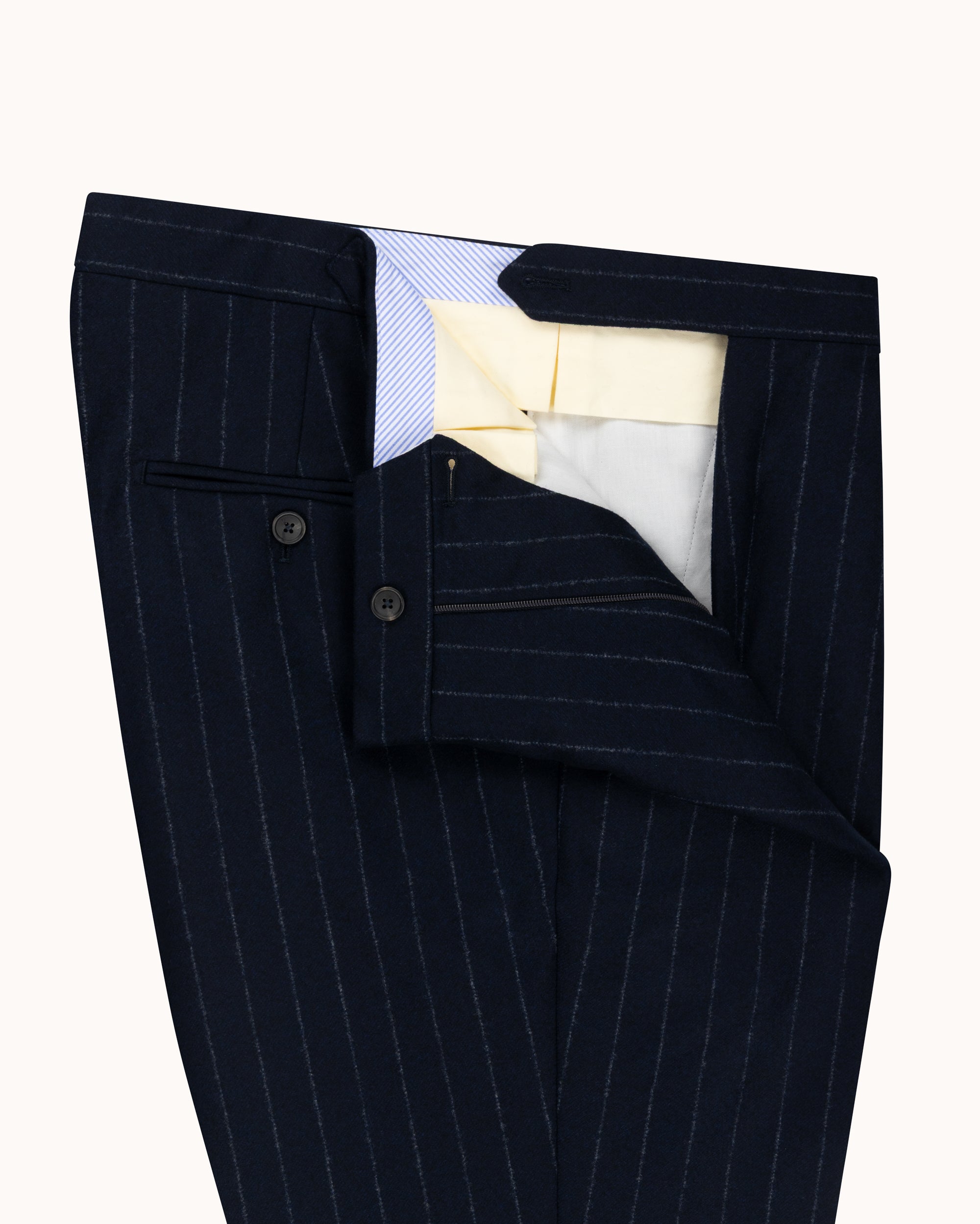 Single Pleat Trouser - Navy Chalk Stripe Woollen Flannel