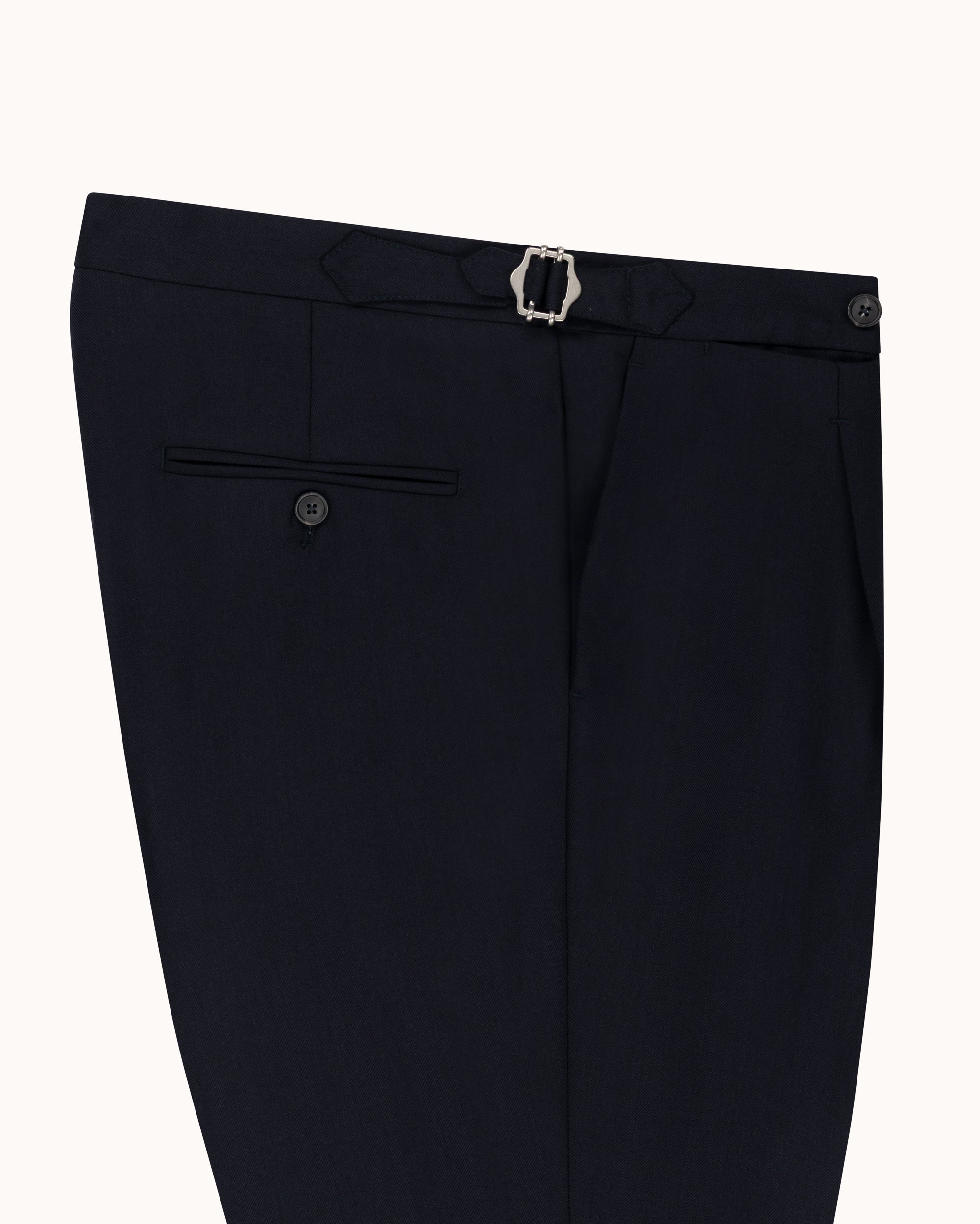 Single Pleat Trouser - Dark Navy Herringbone Wool