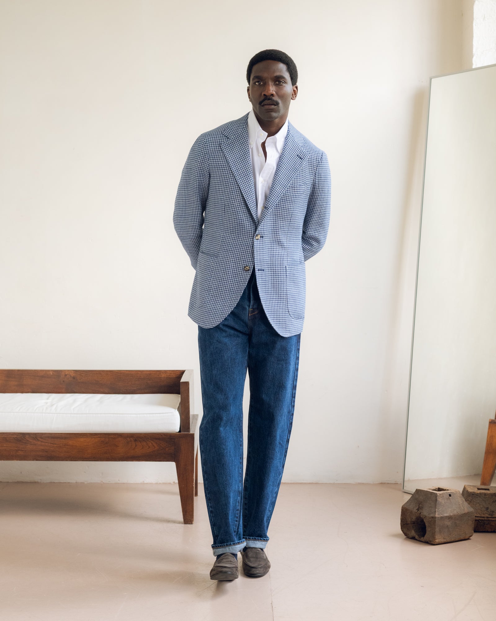 Sport Jacket - Blue Houndstooth Linen Cotton