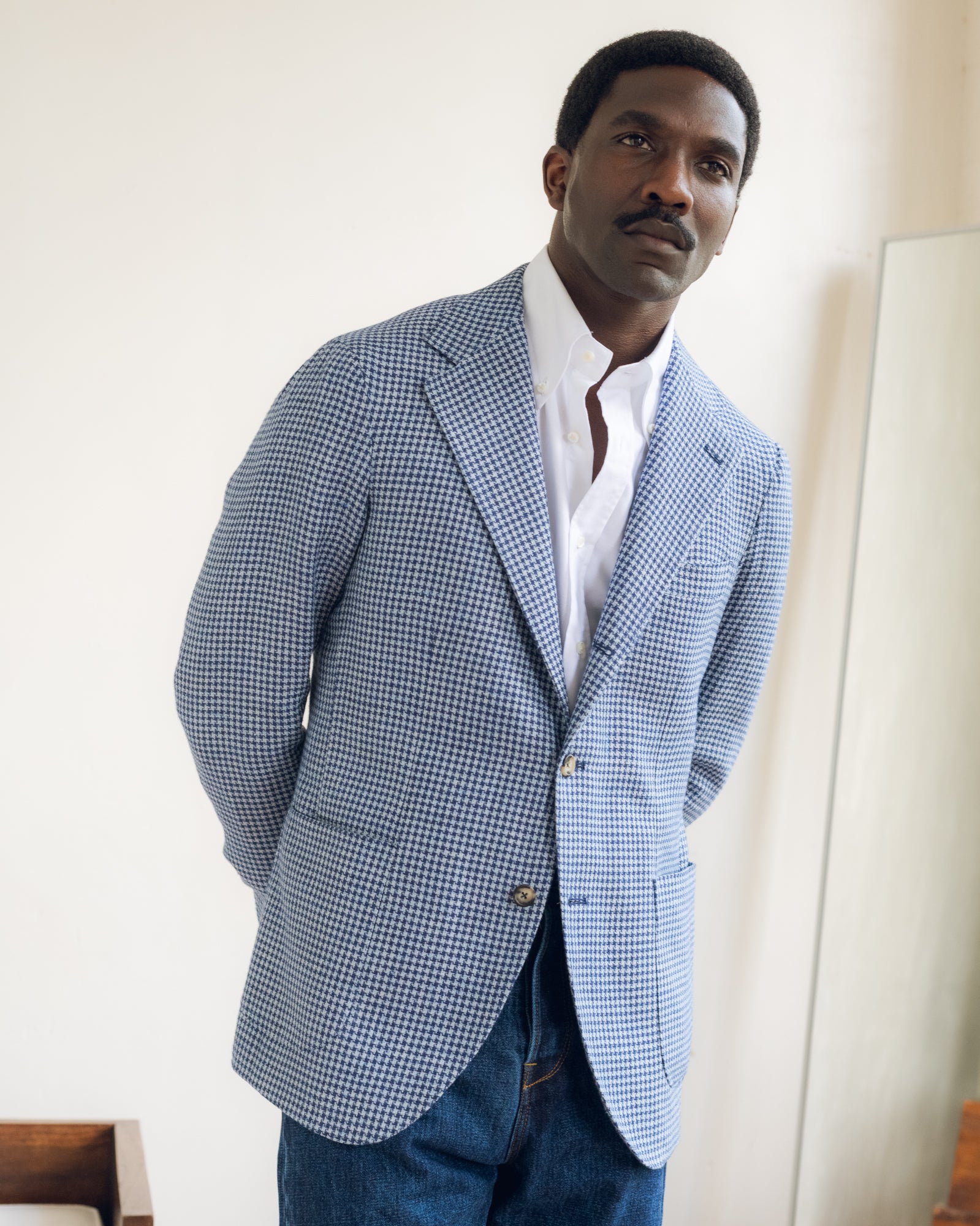 Sport Jacket - Blue Houndstooth Linen Cotton