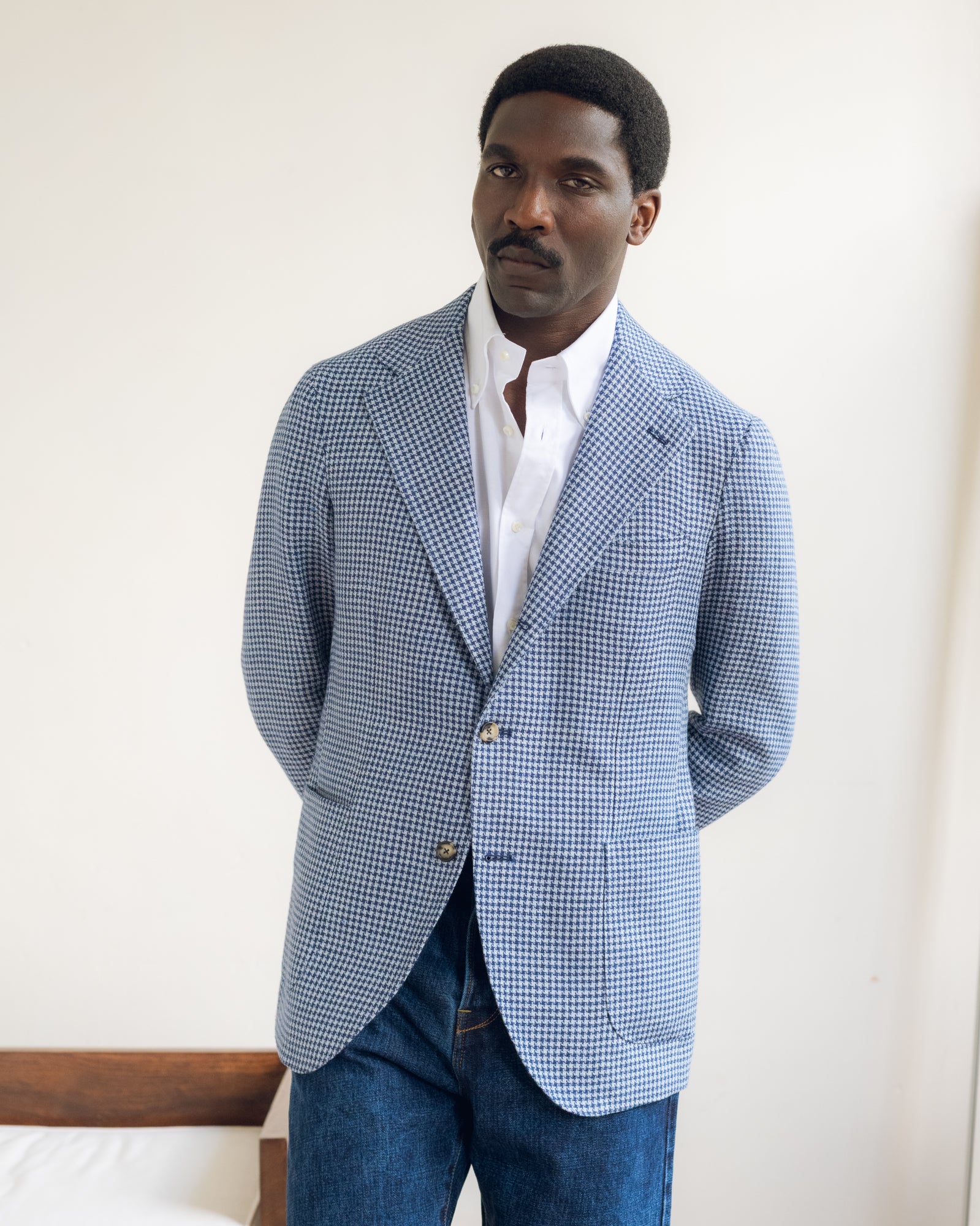 Sport Jacket - Blue Houndstooth Linen Cotton