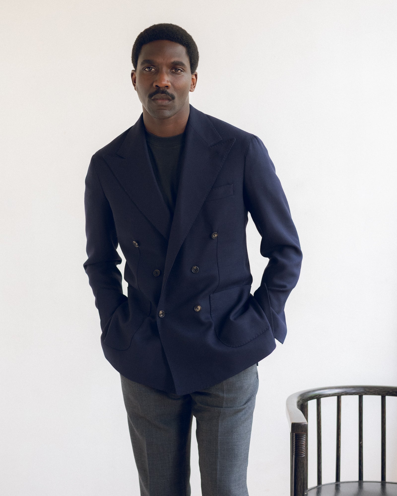Double Breasted Sport Jacket - Navy Mock Leno Wool Hopsack