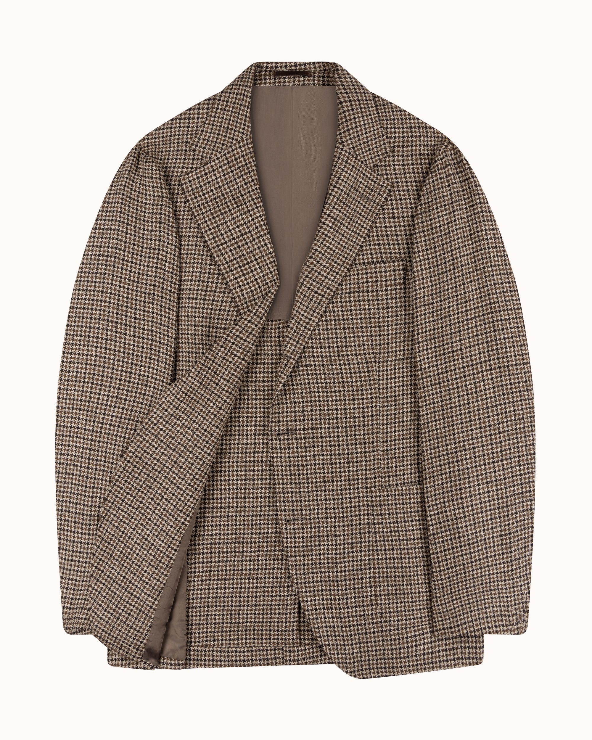 Sport Jacket - Tan Brown Houndstooth Check Wool Linen Silk