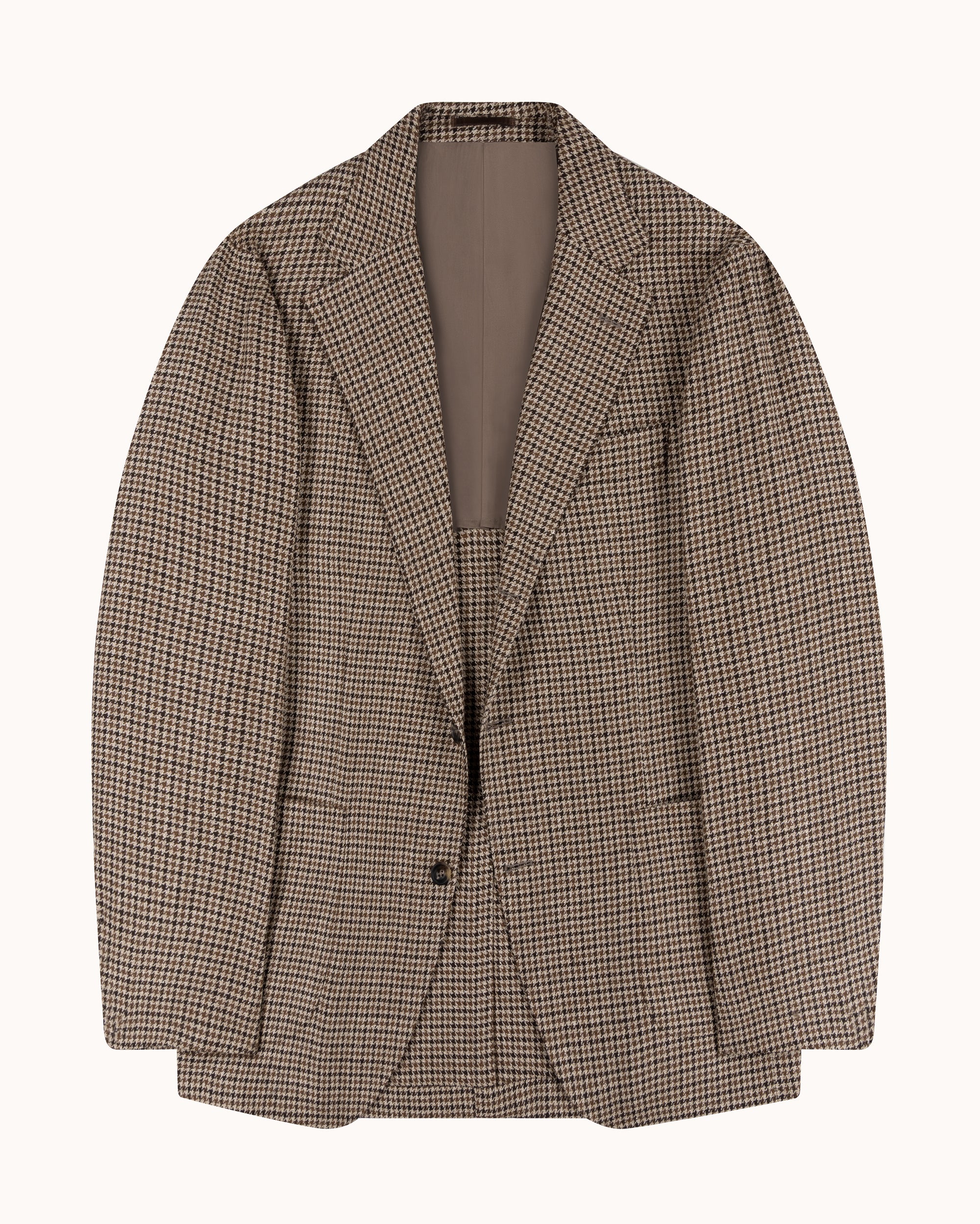 Sport Jacket - Tan Brown Houndstooth Check Wool Linen Silk