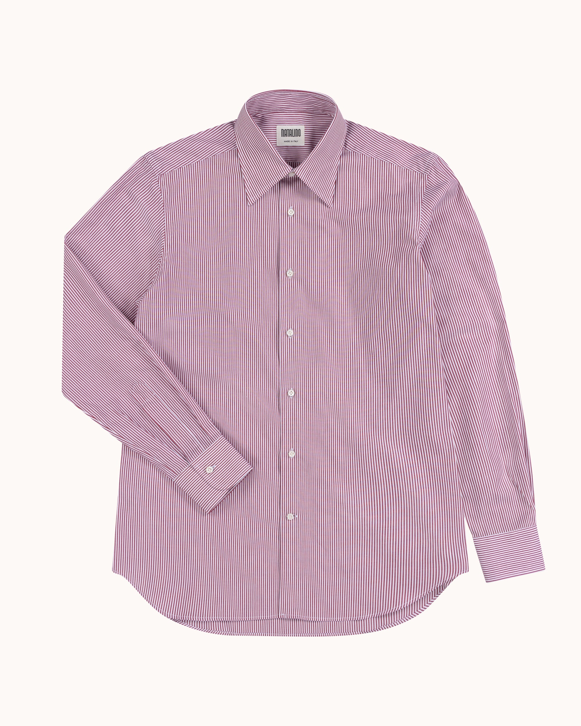 Point Collar Shirt - Wine Stripe Cotton Poplin