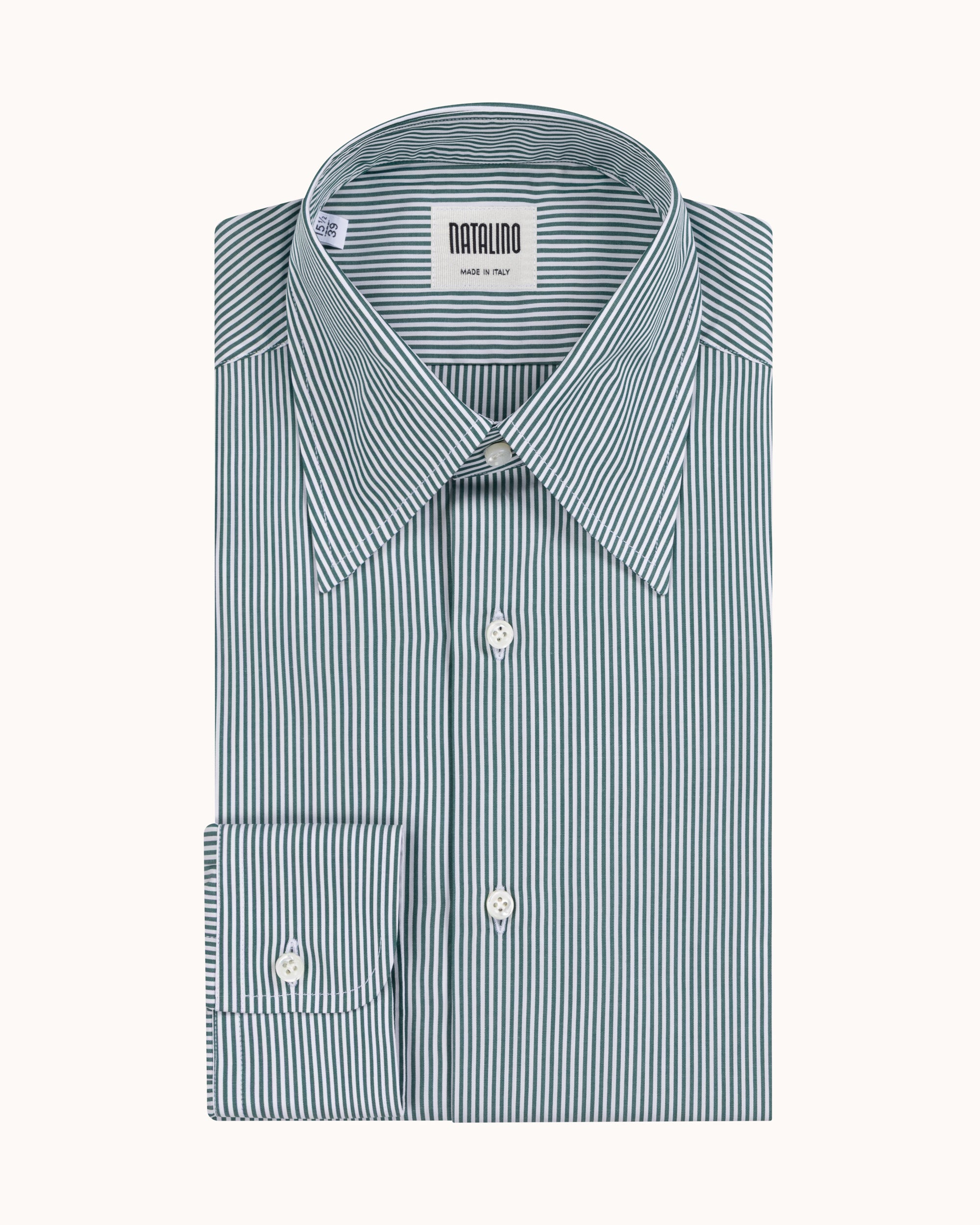 Point Collar Shirt - Green Stripe Cotton Poplin