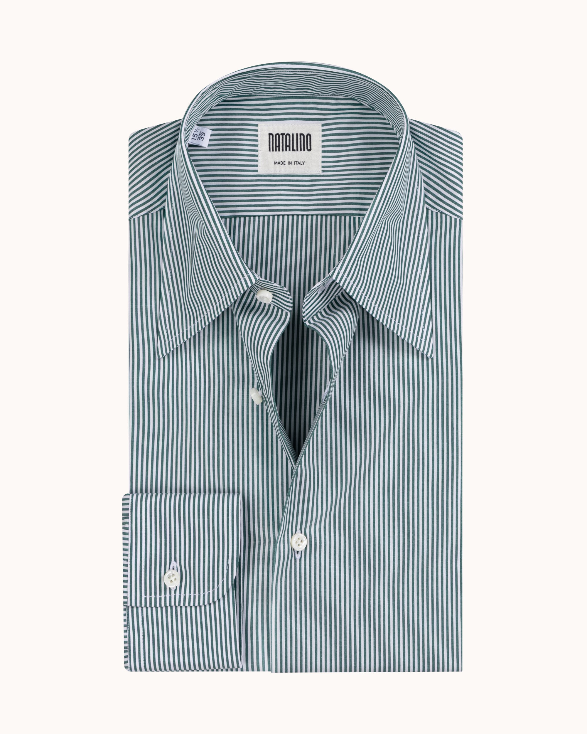 Point Collar Shirt - Green Stripe Cotton Poplin