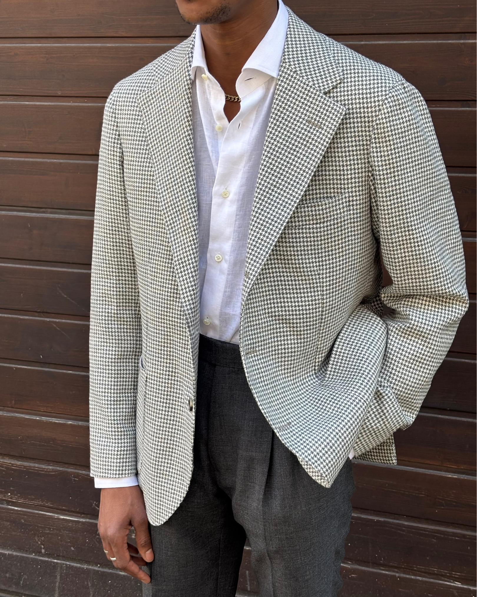 Sport Jacket - Grey Houndstooth Wool Silk Linen