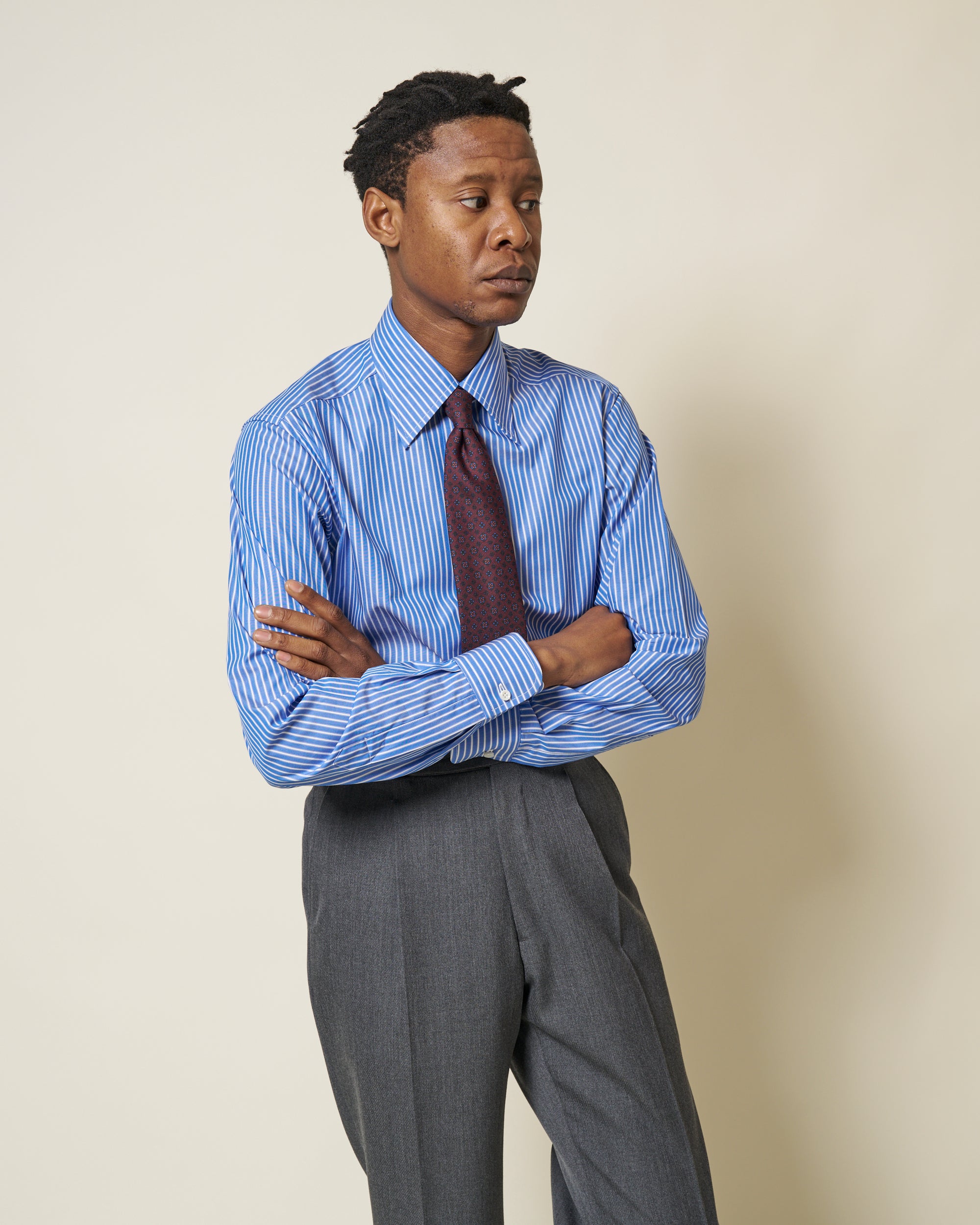 Point Collar Shirt - Blue Bengal Stripe Cotton Poplin