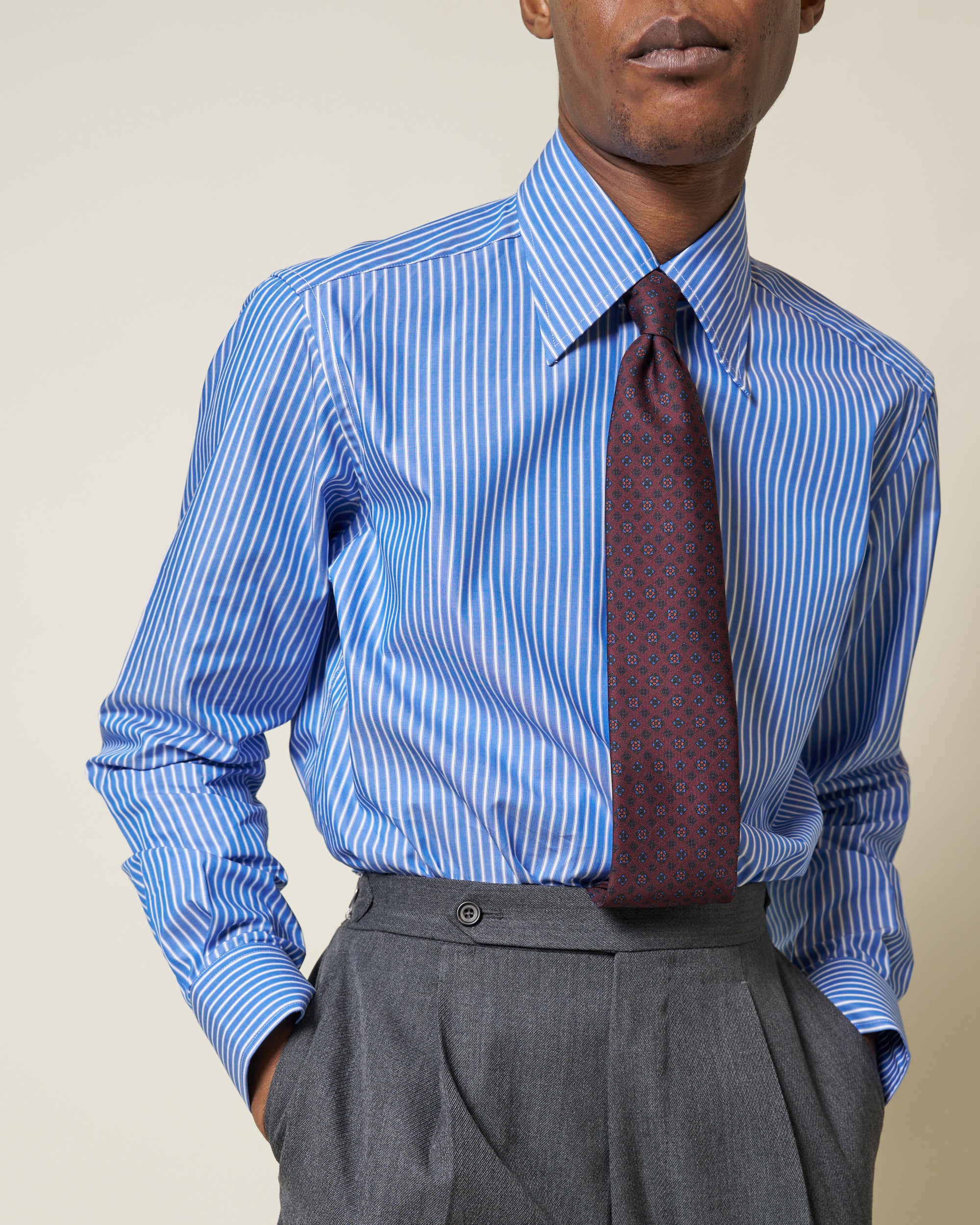Point Collar Shirt - Blue Bengal Stripe Cotton Poplin