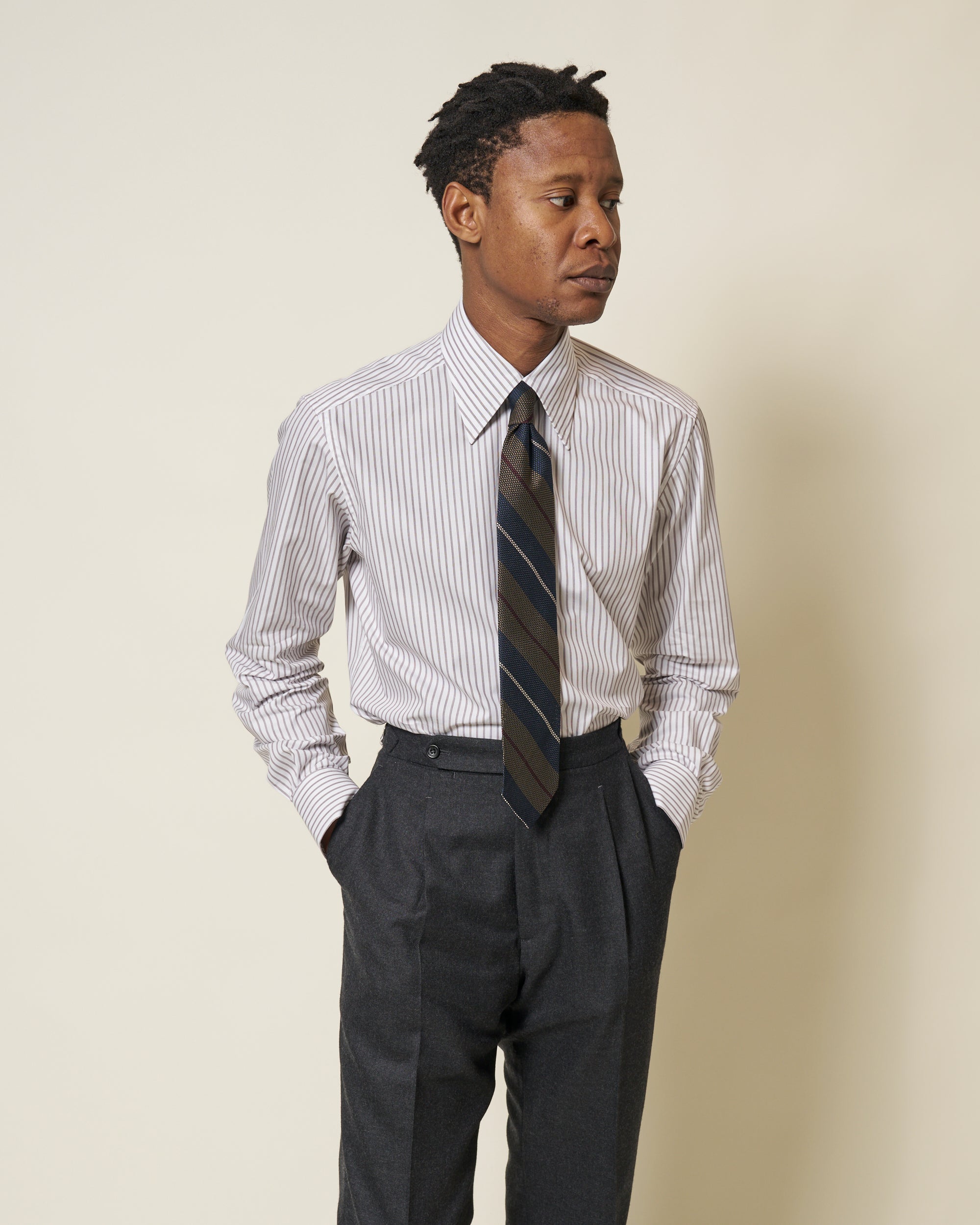 Point Collar Shirt - Claret Stripe Cotton Poplin