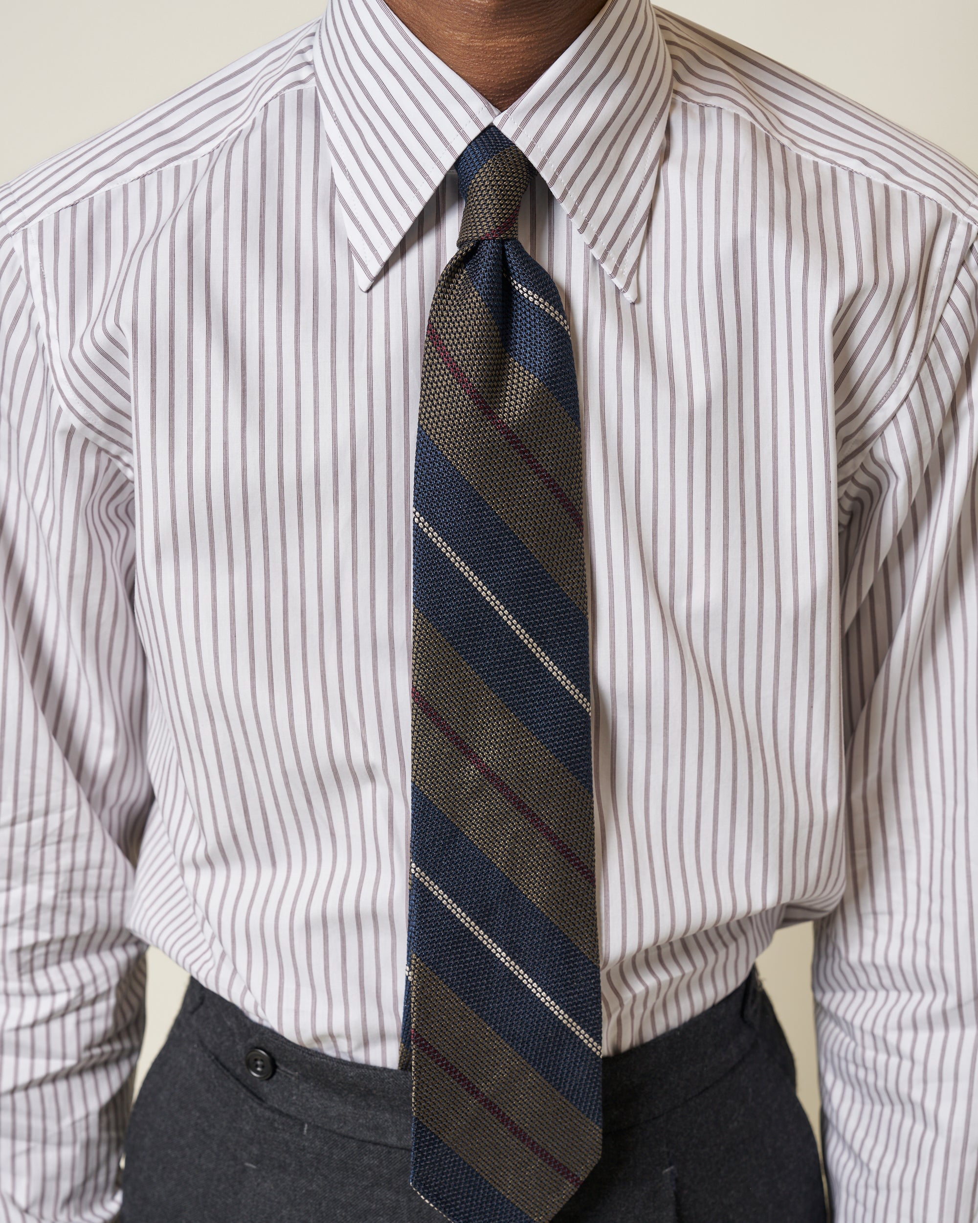 Point Collar Shirt - Claret Stripe Cotton Poplin