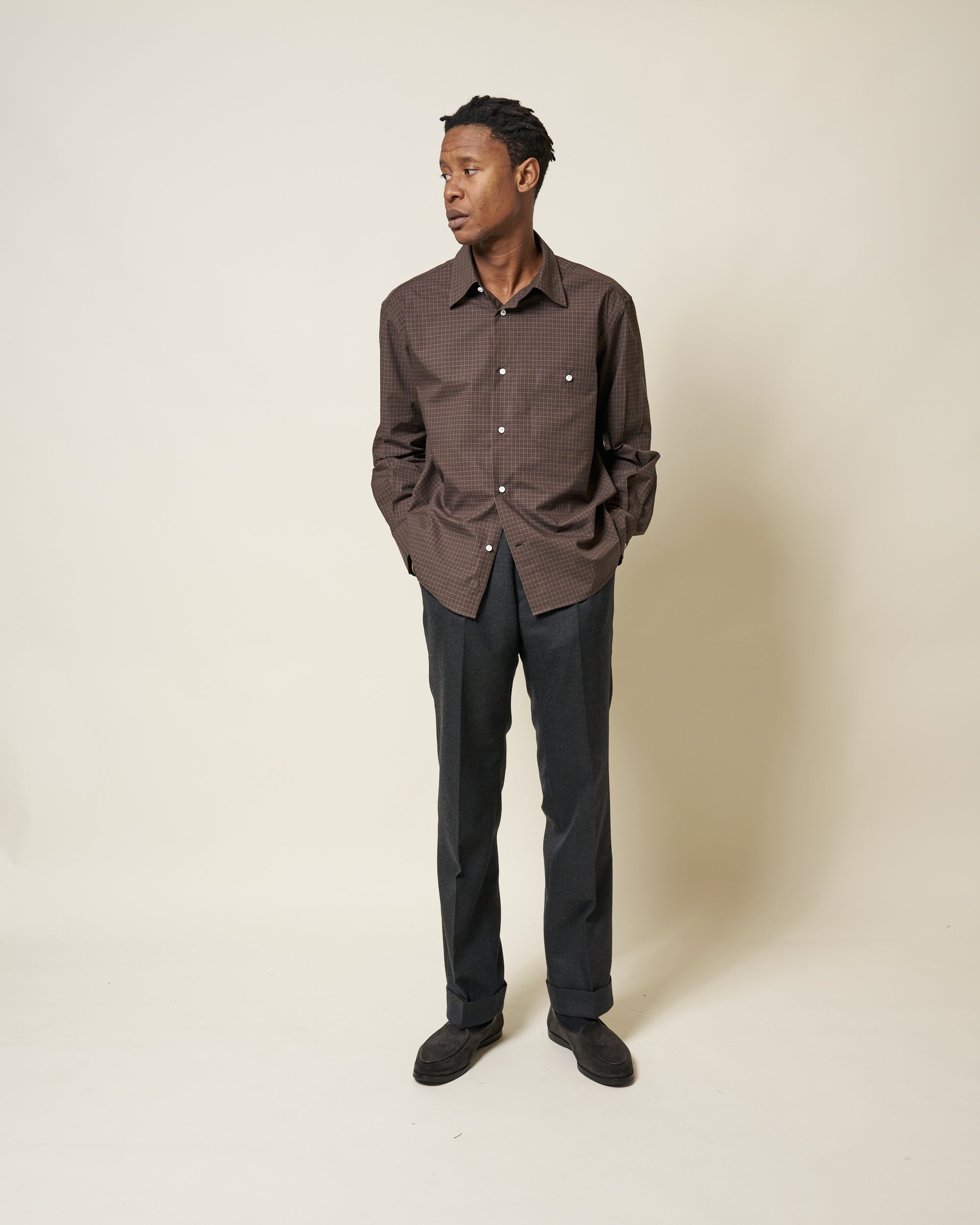 Off-Duty Shirt - Dark Brown Check Peached Cotton