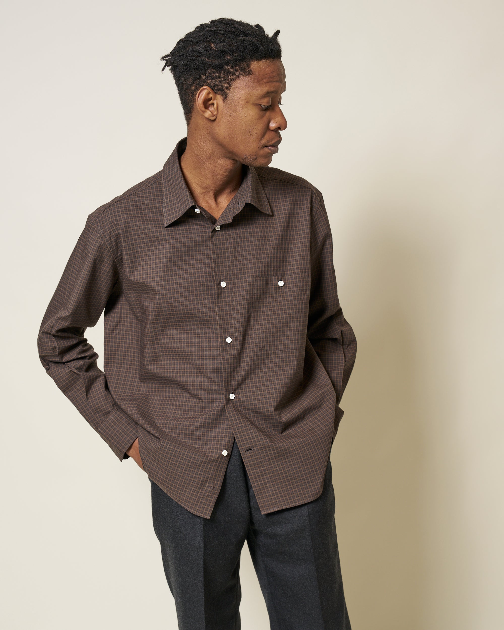Off-Duty Shirt - Dark Brown Check Peached Cotton