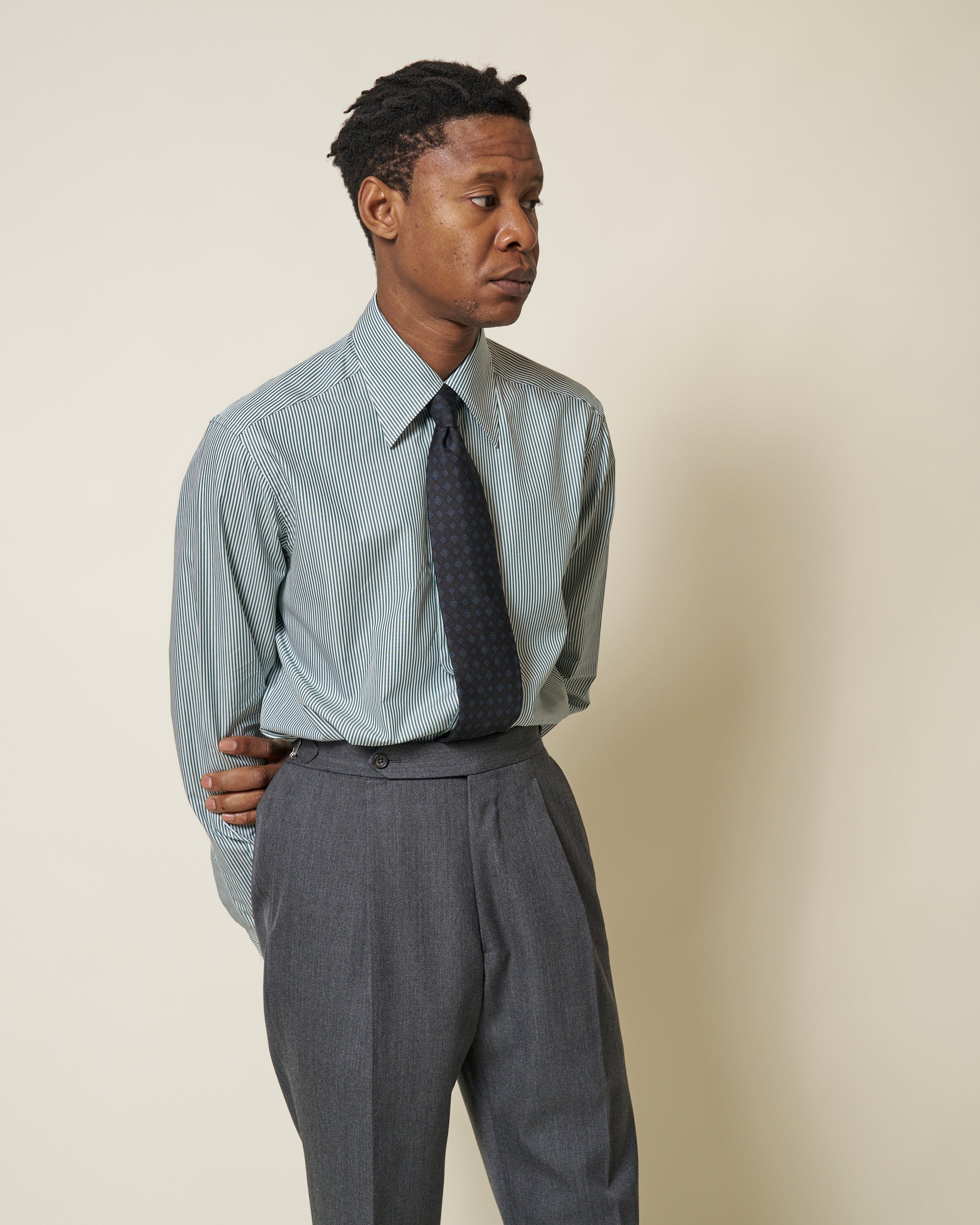 Point Collar Shirt - Green Stripe Cotton Poplin