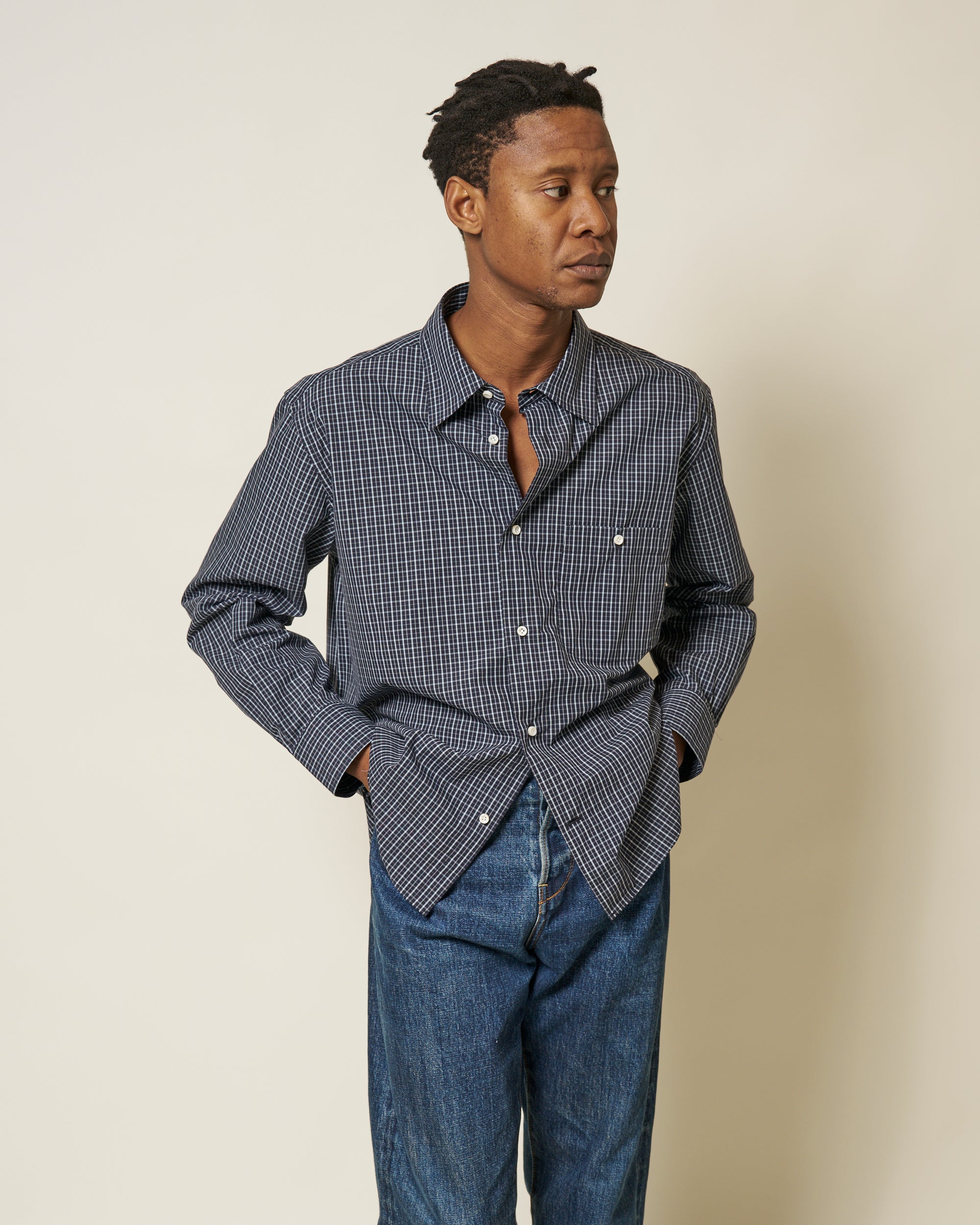 Off-Duty Shirt - Navy Sky Check Peached Cotton