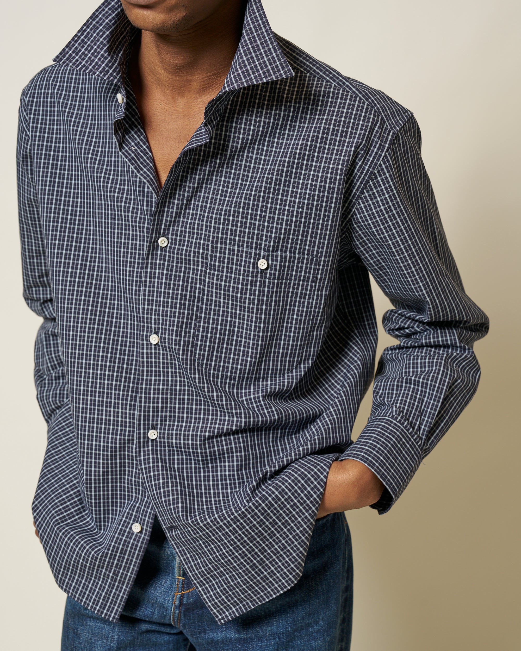 Off-Duty Shirt - Navy Sky Check Peached Cotton