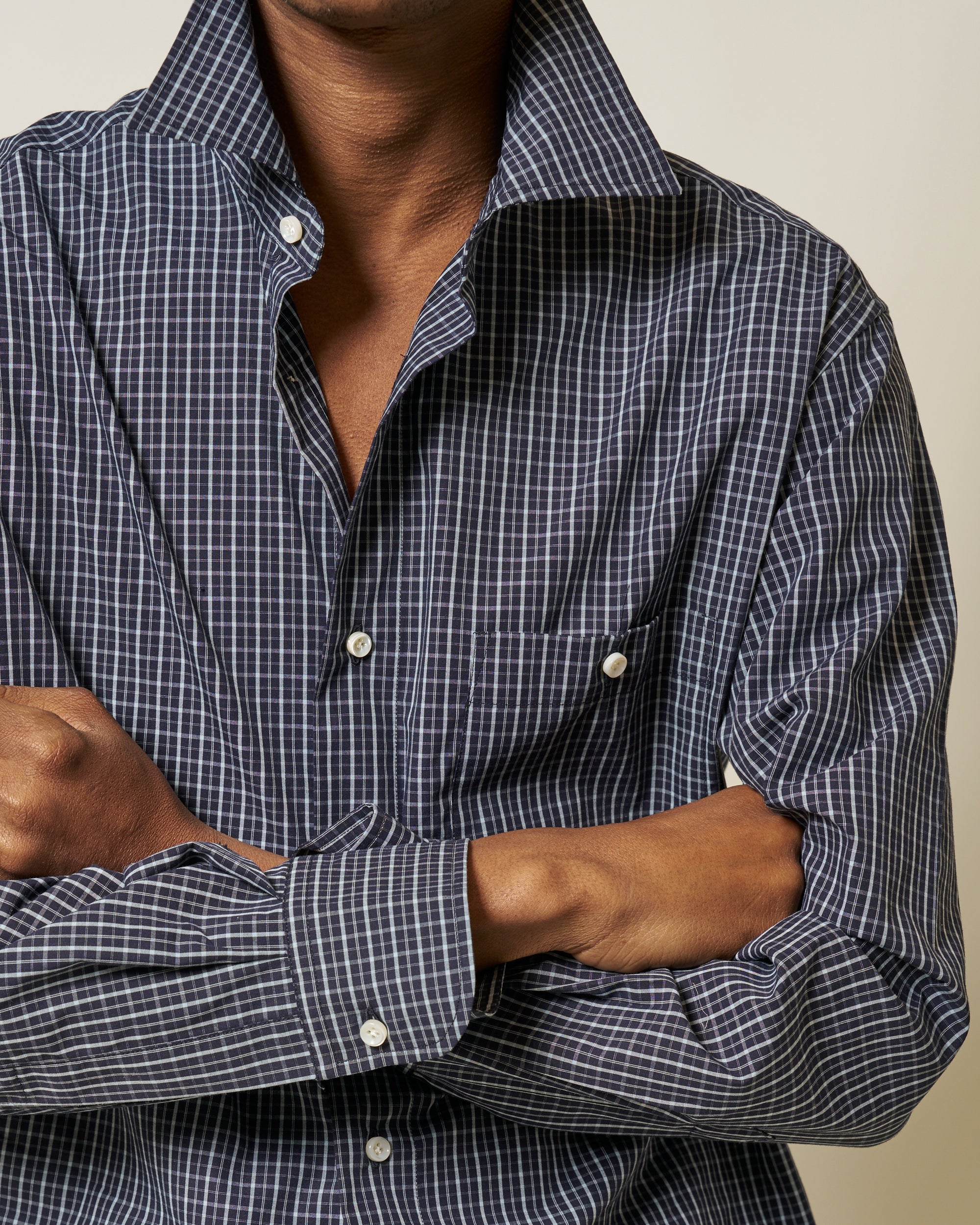Off-Duty Shirt - Navy Sky Check Peached Cotton