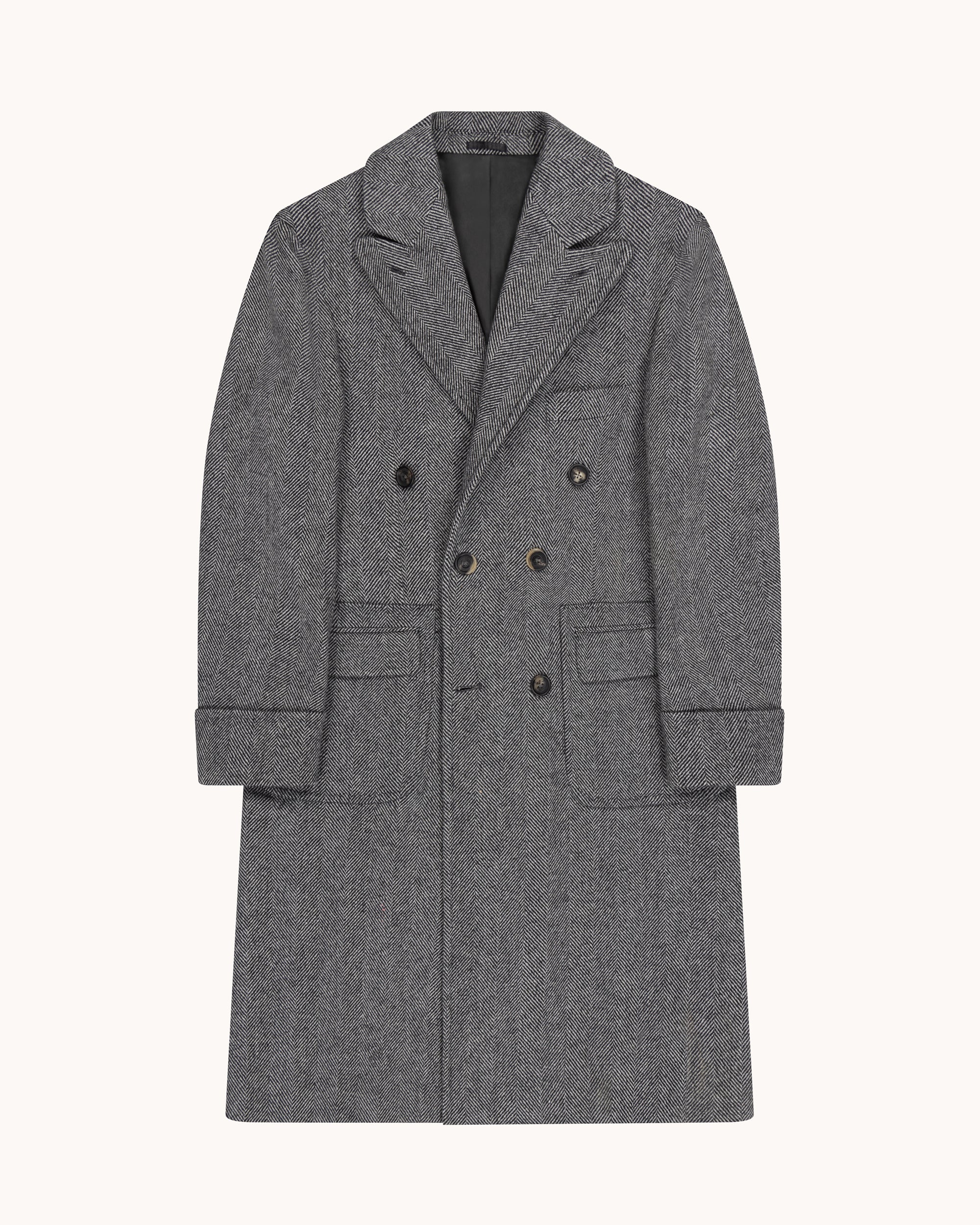 Double Breasted Overcoat - Grey Herringbone Wool Cashmere