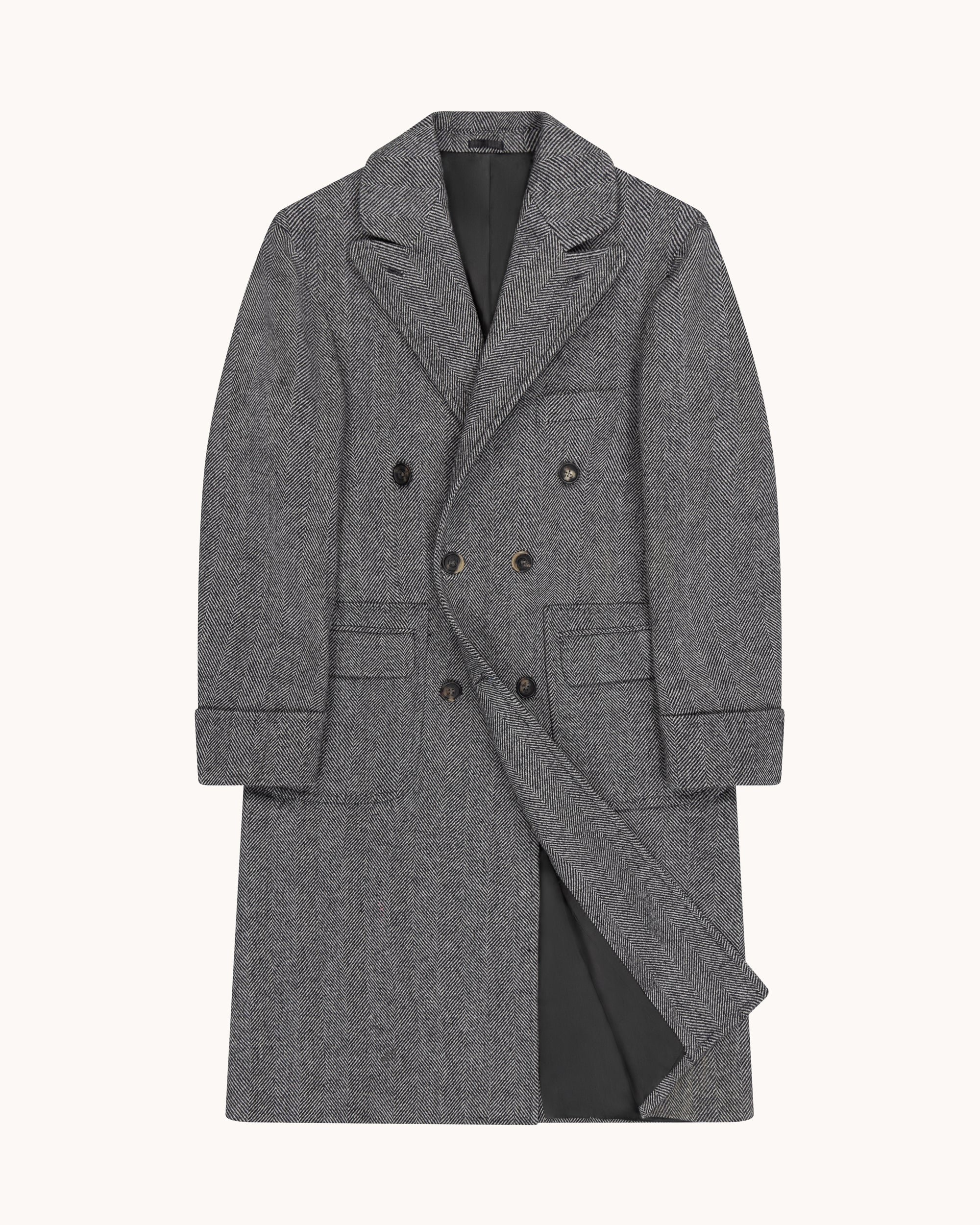 Double Breasted Overcoat - Grey Herringbone Wool Cashmere