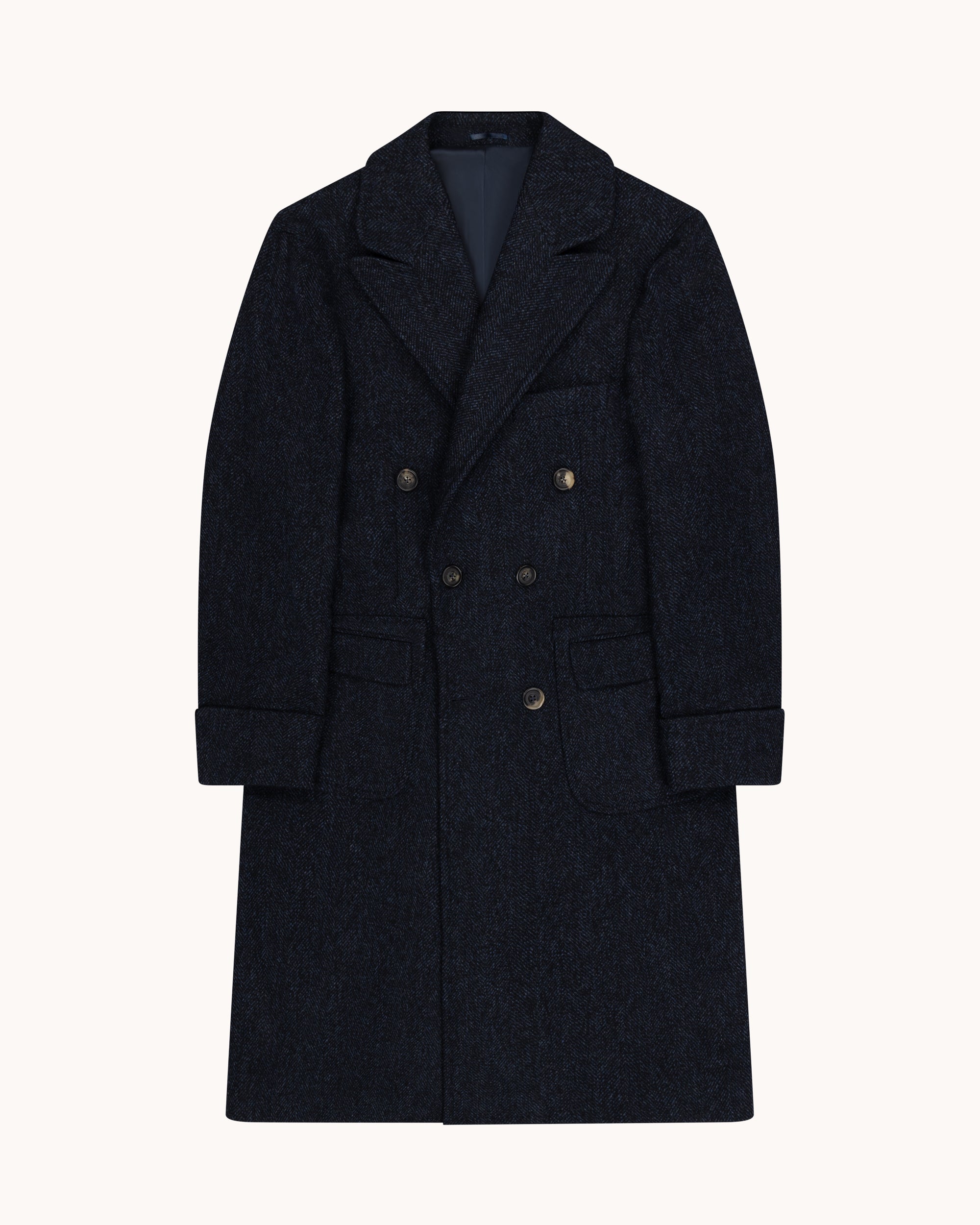 Double Breasted Overcoat - Navy Herringbone Wool Cashmere