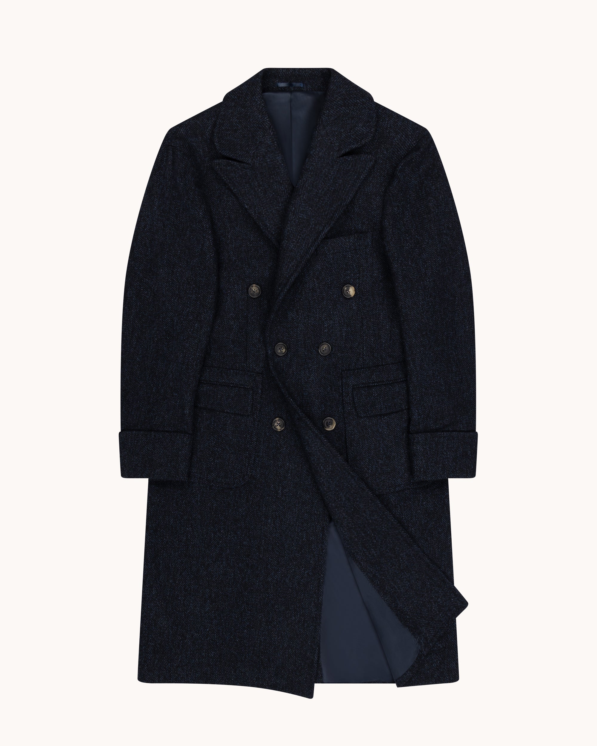 Double Breasted Overcoat - Navy Herringbone Wool Cashmere