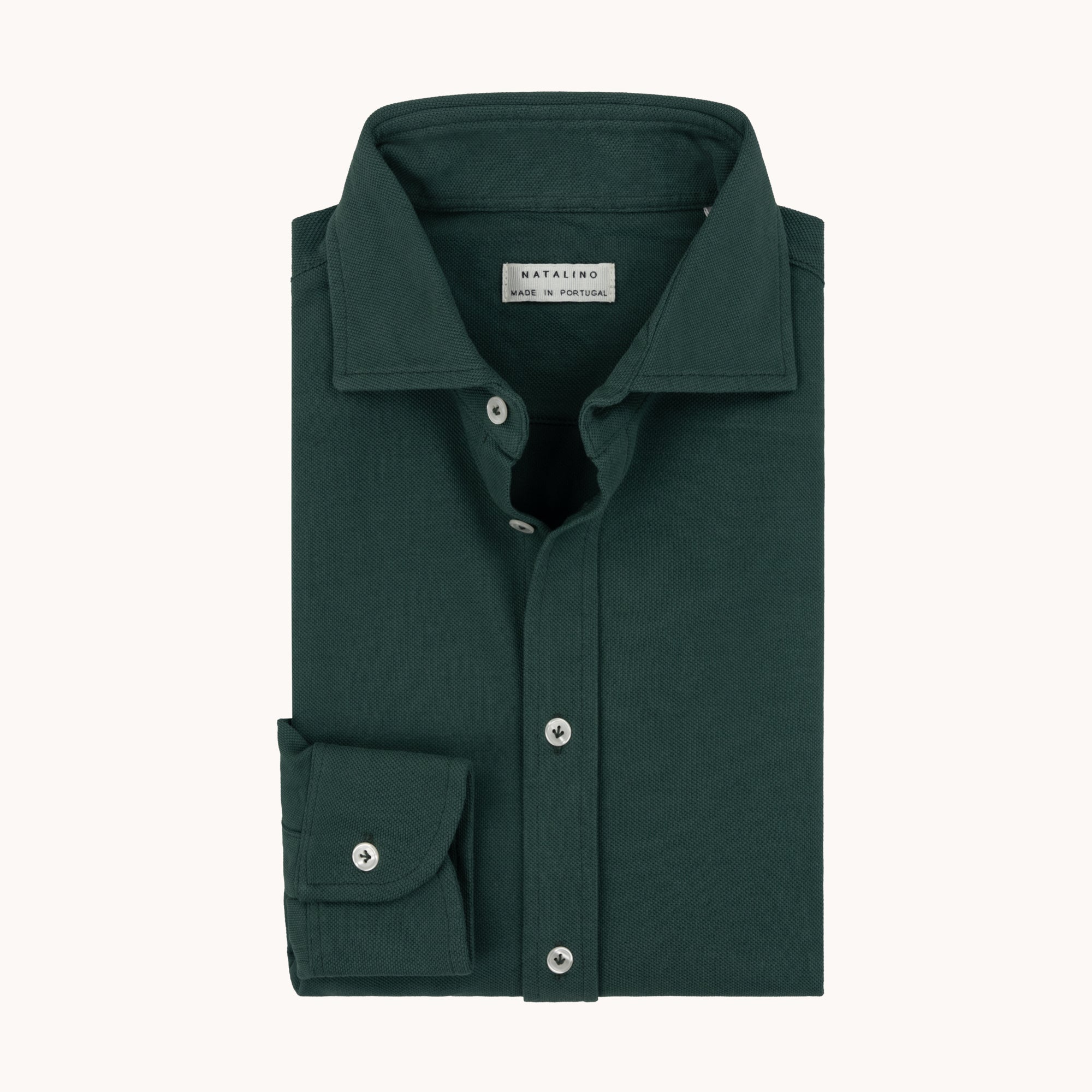 Long Sleeve Spread Collar Pique Cotton Shirt - Green