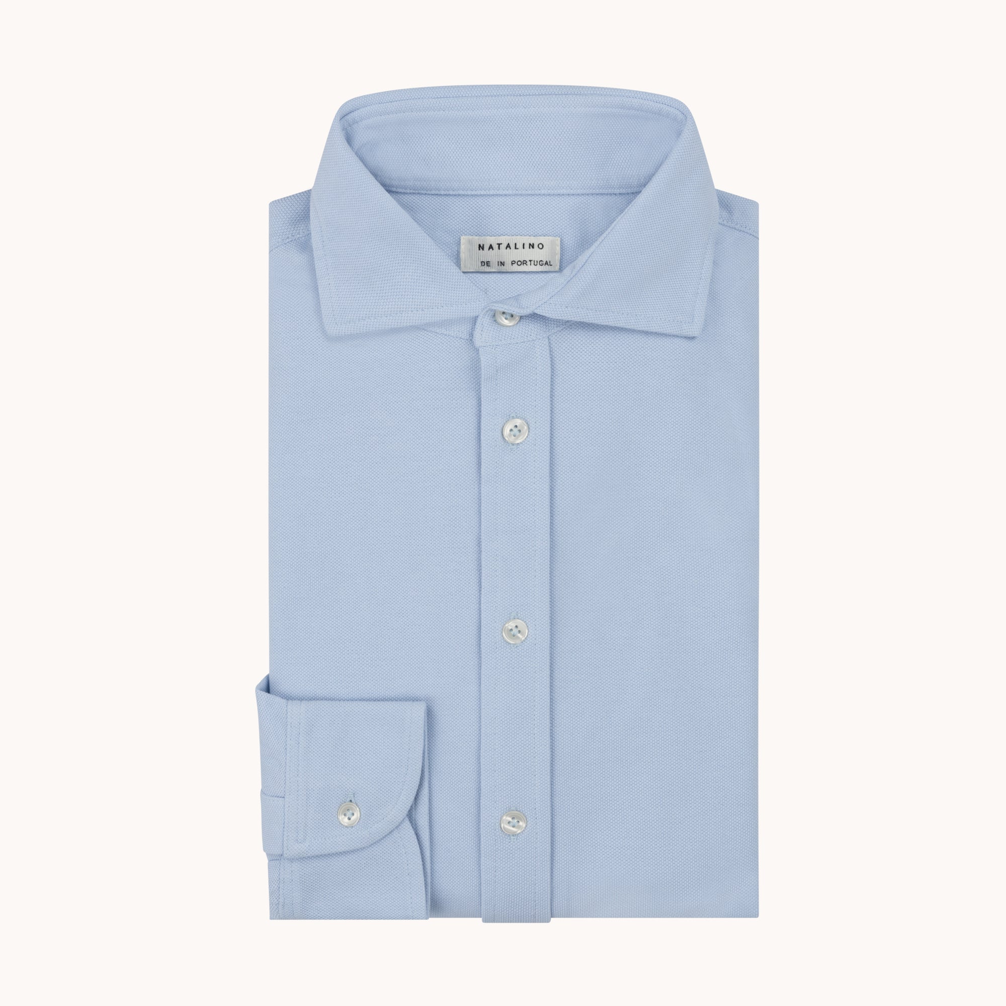 Long Sleeve Spread Collar Pique Cotton Shirt - Light Blue