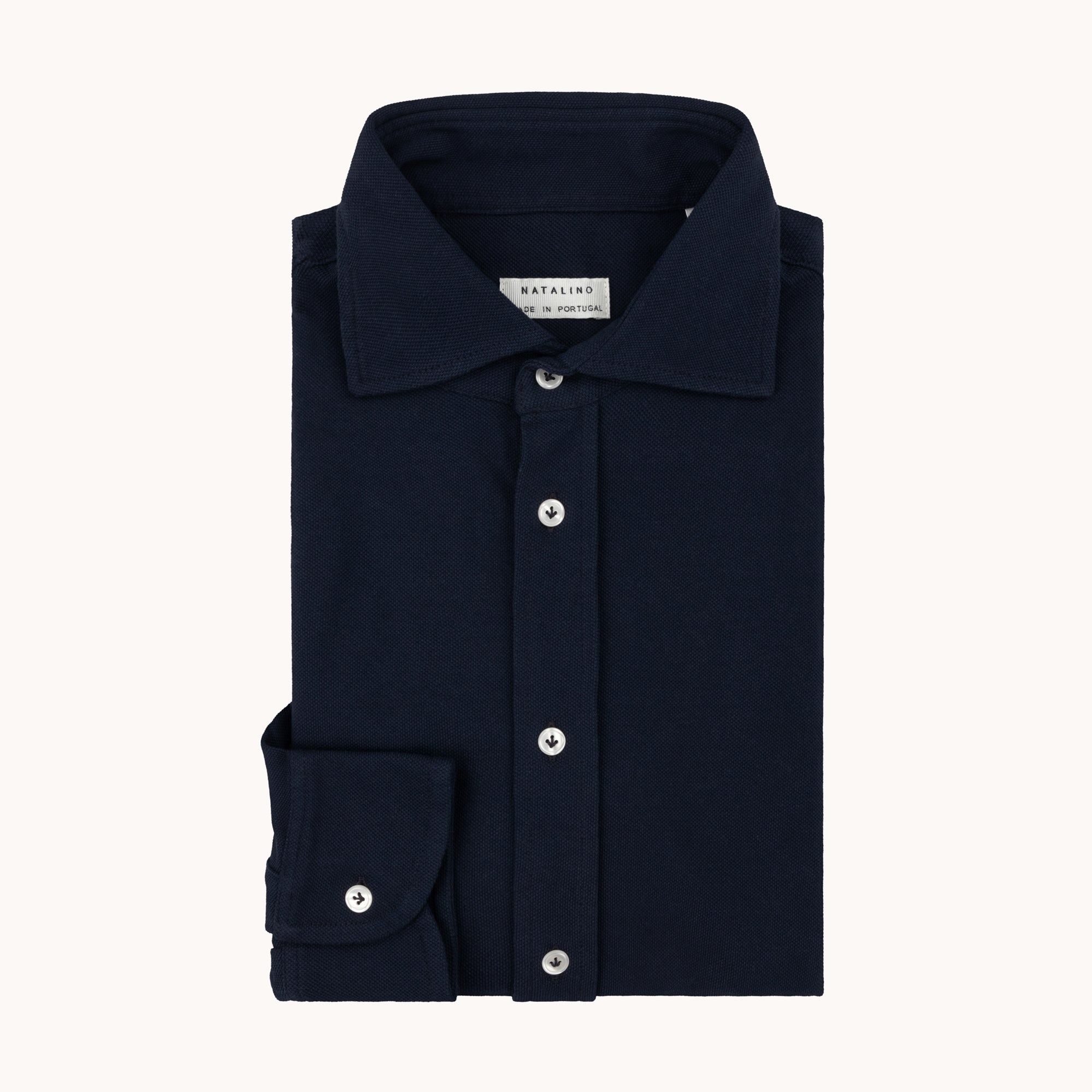 Long Sleeve Spread Collar Pique Cotton Shirt - Navy