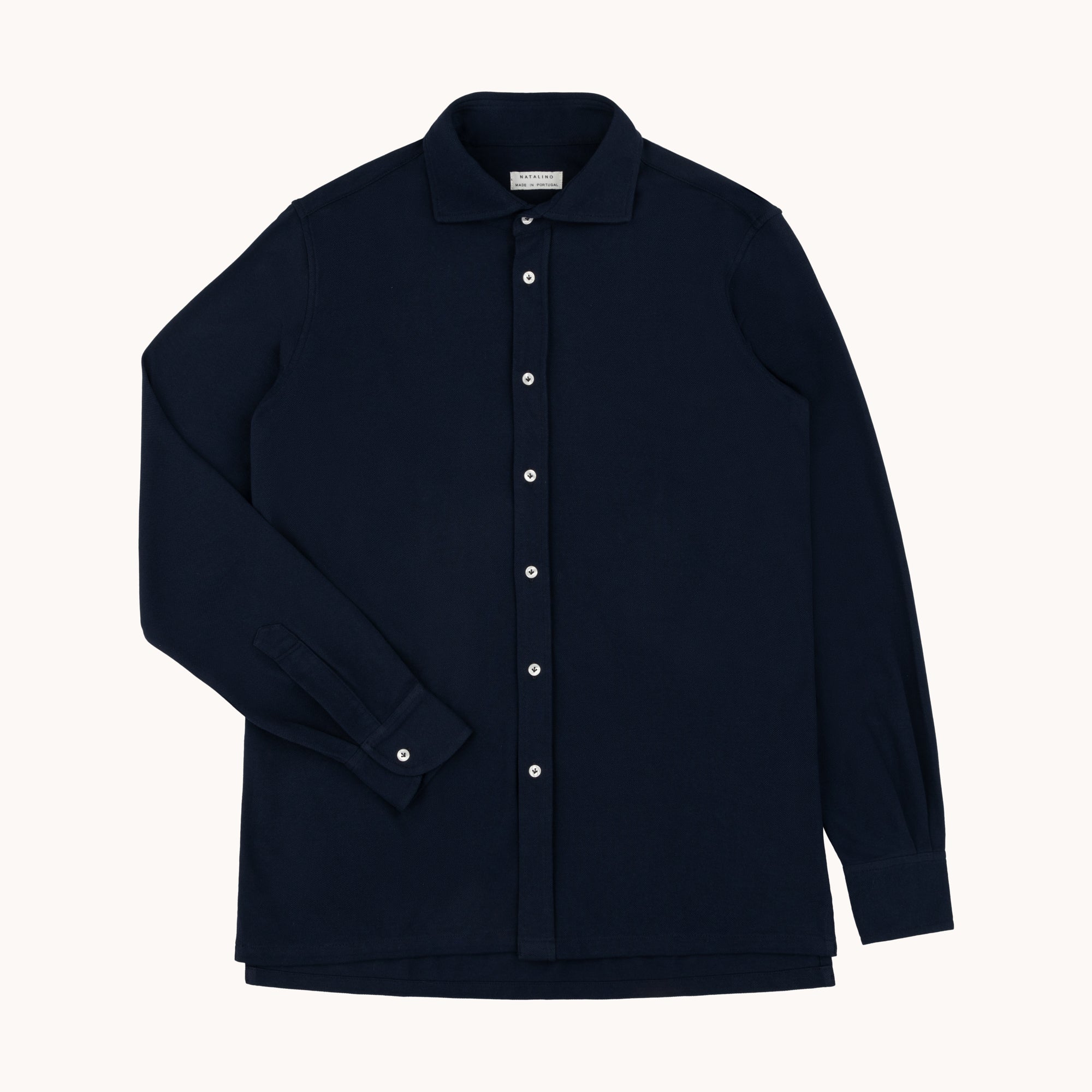 Long Sleeve Spread Collar Pique Cotton Shirt - Navy