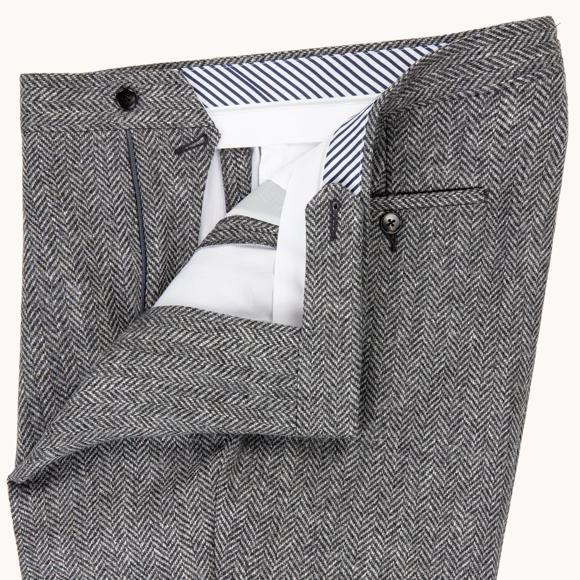 Single Pleat Trouser - Grey Herringbone Wool