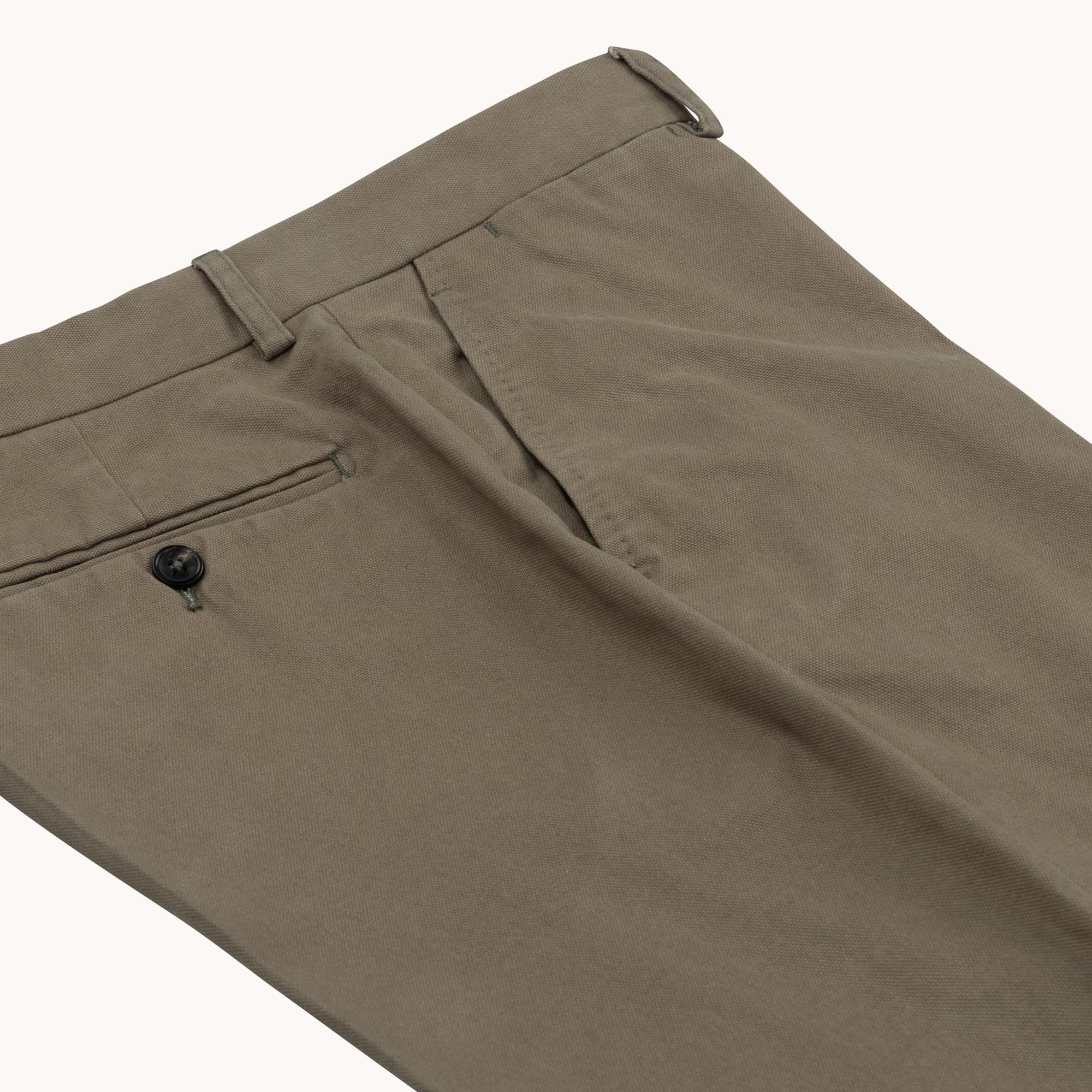 Garment Washed Flat Front Trouser - Olive Cotton Canvas